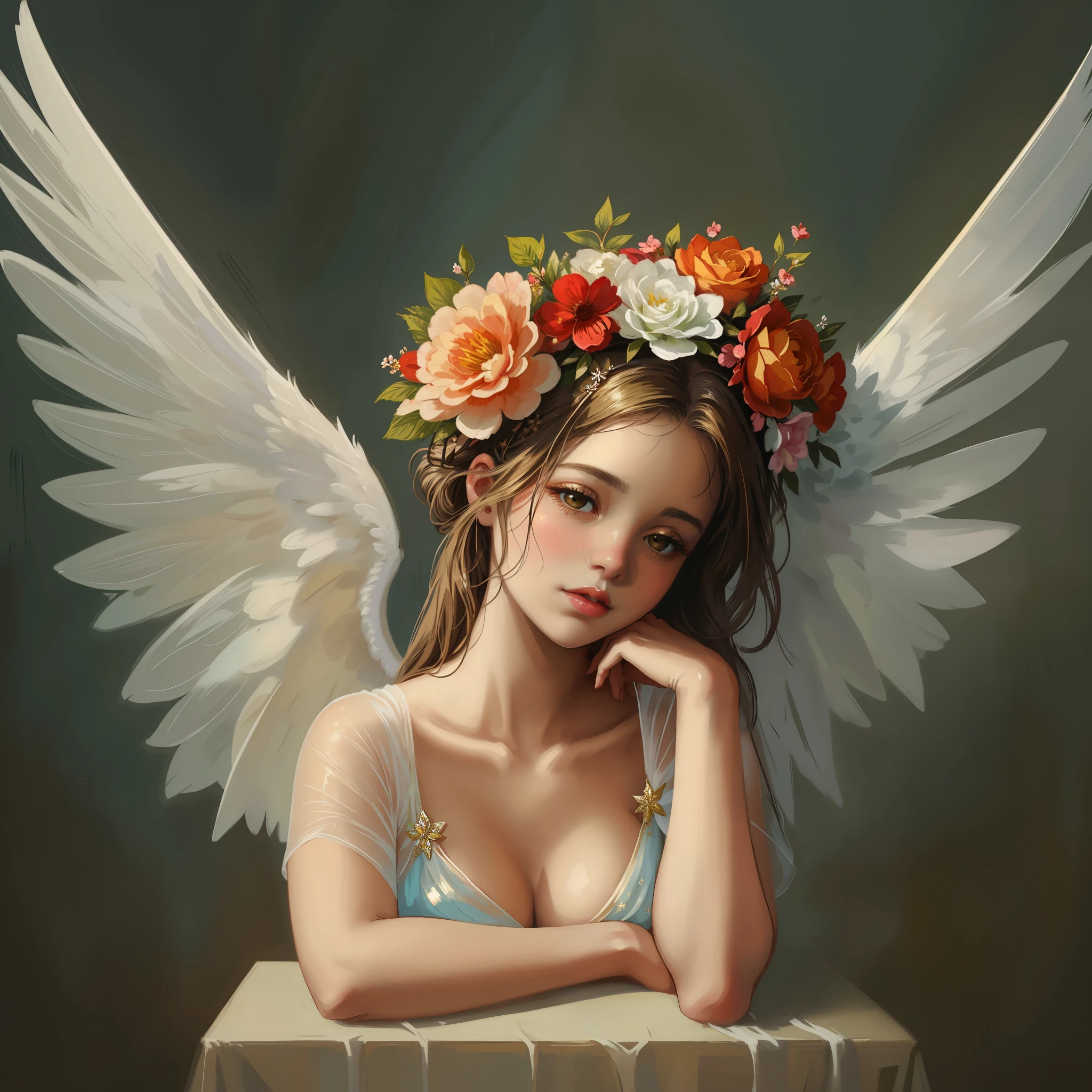 there is a woman with a flower crown on her head, portrait of a beautiful angel, beautiful angel girl portrait, beautiful female angel, beautiful angel, of beautiful angel, of an beautiful angel girl, girl with angel wings, beautiful digital artwork, beautiful fantasy art portrait, fairy portrait, angel girl, Mary Jane Ancer, Written by Marie Angell, fairy portrait woman