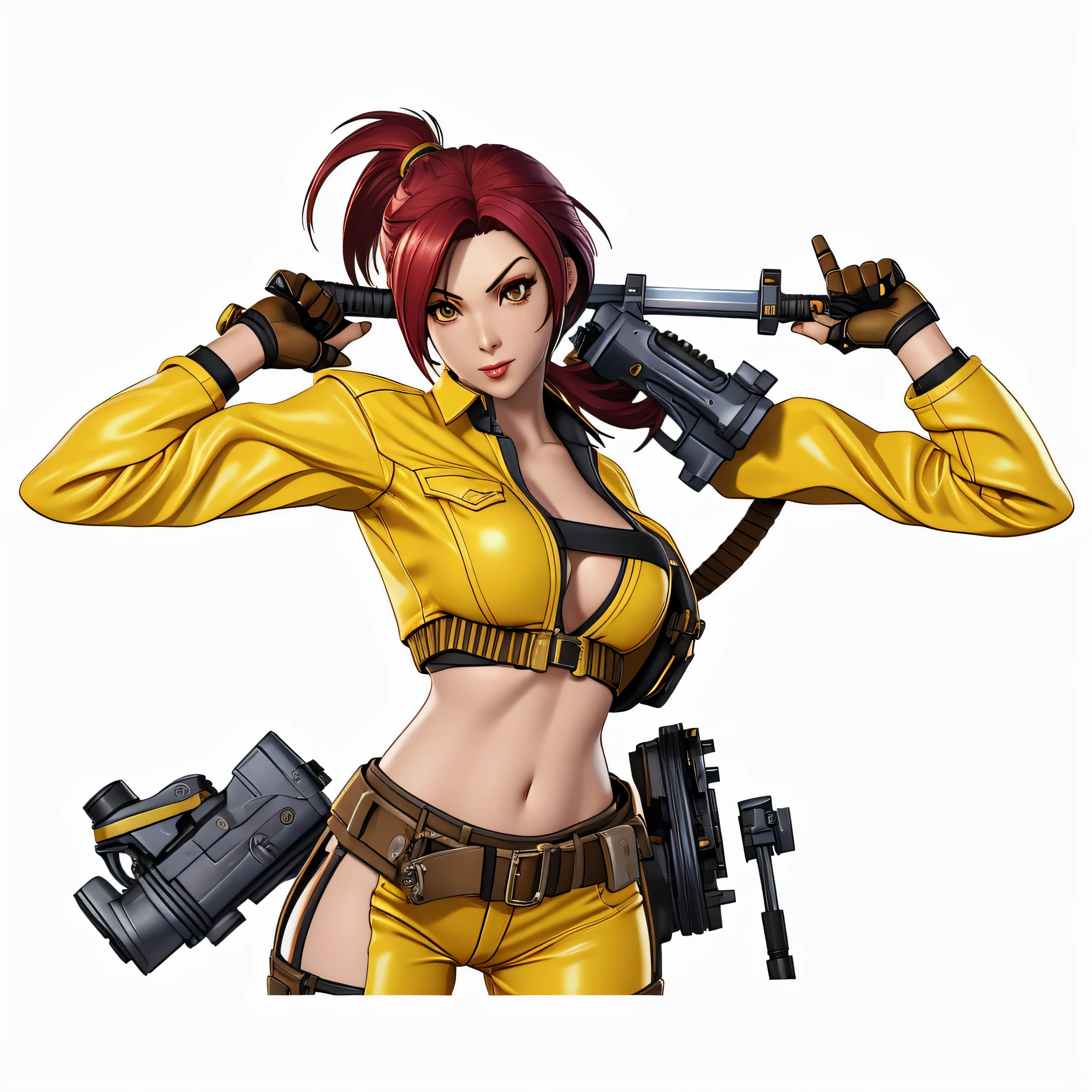 a close up of a woman in a yellow shirt holding a gun, faye valentine, as a character in tekken, video game character, vi from arcane, badass pose, mechanized soldier girl, sfm render, diesel punk female, katana zero video game character, female character, vi from league of legends, videogame character, mechanic punk outfit