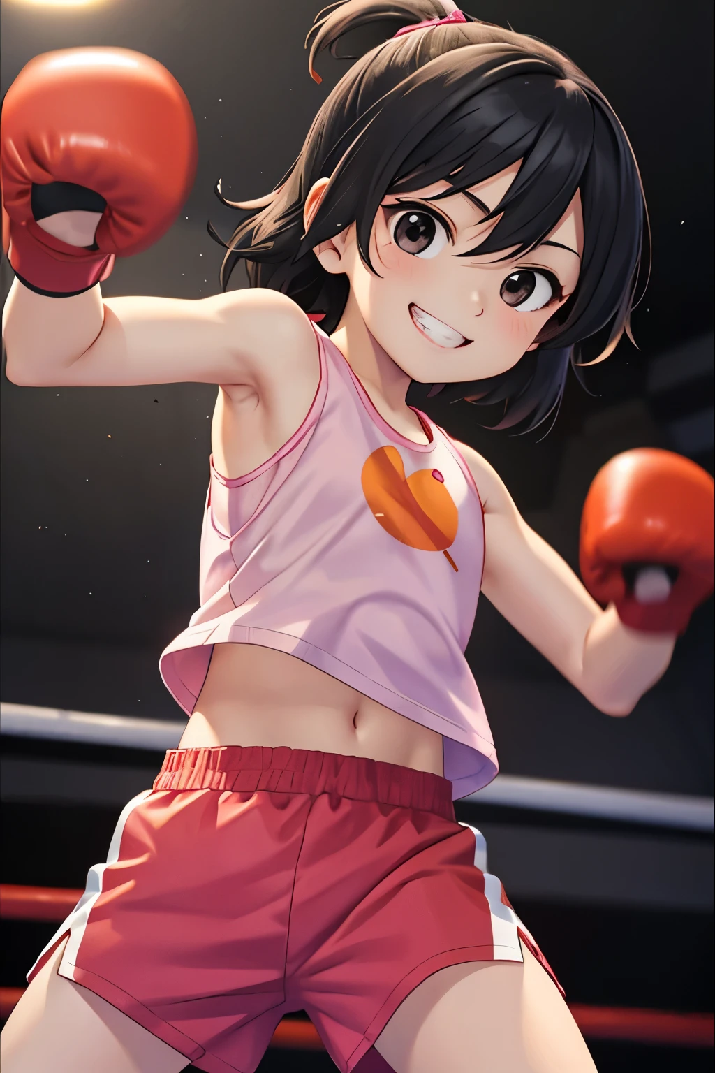 A 5-year-old kindergarten girl is boxing.　A well-trained body　Orange tank top　He has an invincible smile on his face　Being on the ring　anime　black hair　black eyes　throwing a sharp punch　wearing pink gloves
