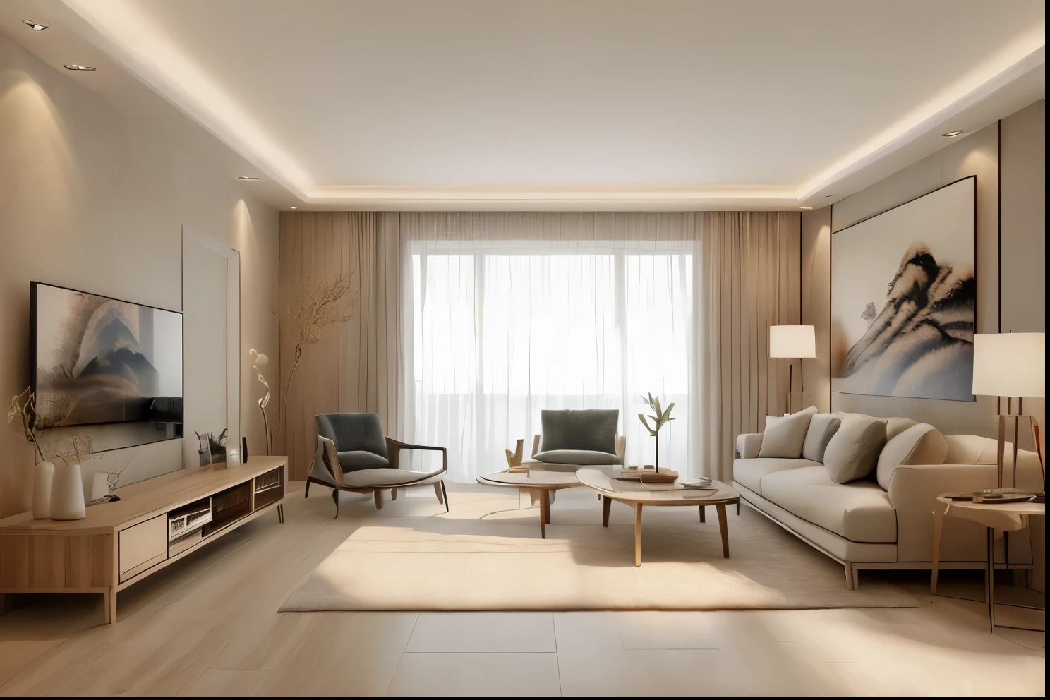(Masterpiece), (High Quality), Best Picture Quality, (Realistic), (Real), Super Detailed, (Full Detail), (4K), 8K, New Chinese Style, New Chinese Style Soft Furnishings, Living Room, Glimmering Lighting.