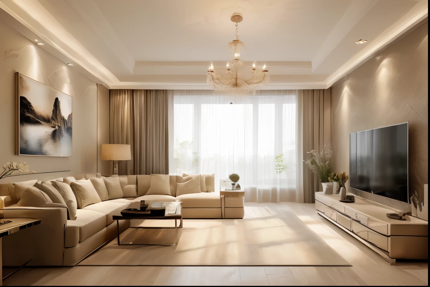  (Masterpiece), (High Quality), Best Picture Quality, (Realistic), (Real), Super Detailed, (Full Detail), (4K), 8K, New Chinese Style, New Chinese Style Soft Furnishings, Living Room, Glimmering Lighting.