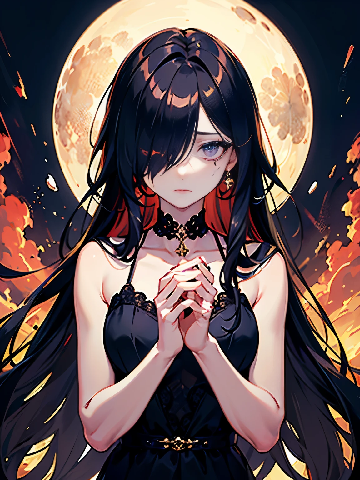 ((masterpiece, best quality)), (1girl), (solo), (female focus), ((dark hair, long hair, hair over one eye)), (hair over one eye: 1.2), sad eyes, cold facial expression, cold look, pale skin,  (dark circle under eyes), decadence, stunning, eerie, bag under eyes