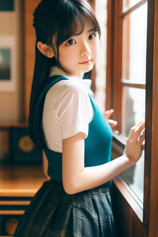 (Arms behind), (Hands behind), Masterpiece, Top quality, Highly detailed, (((Contrasting eyes))), Standing, Blouse, Skirt, Bangs, Room, Indoor