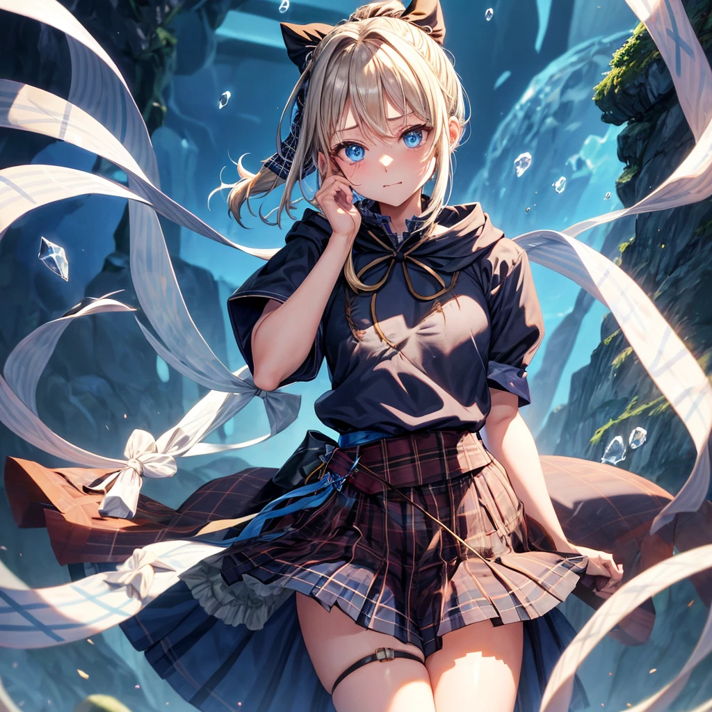 patina hair、blue eyes、Braid、ponytail、one good looking girl、solo、anime、Plaid miniskirt、camisole、black t-shirt、Tilting your face、Doing the ribbon、Ribbon at waist、Raising legs、cloak、the ground is cracked、Shortness of breath、Crystal Grotto、wearing a hood
