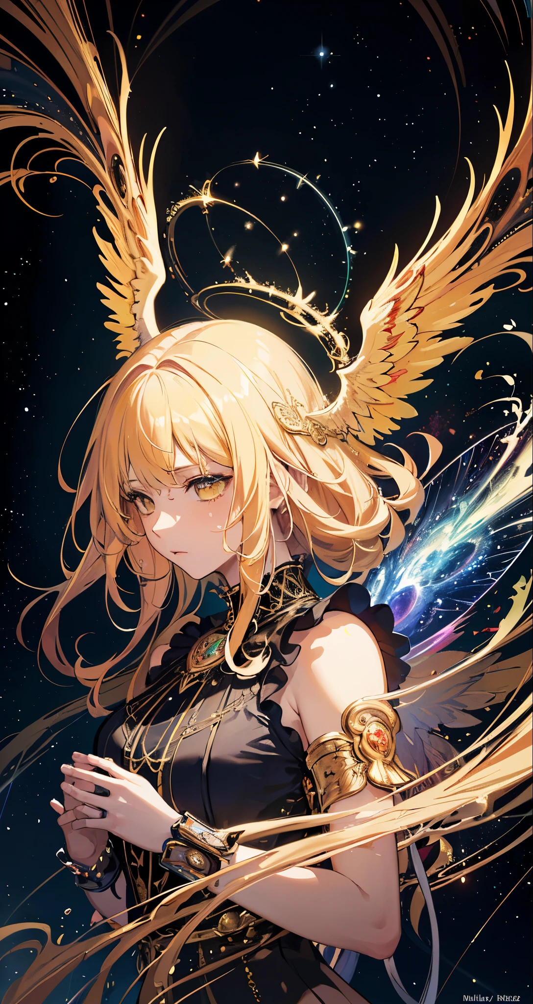 (masterpiece, top quality, best quality, official art, beautiful and aesthetic:1.2), (1man), extreme detailed, (fractal art:1.3), colorful, highest detailed, perfect face, upper body, HDR, (praying:1.3), galaxy, (light streaks), striking visuals, (dynamic streaks, luminous trails:1.2), vibrant colors, fallen angel, cry, blonde hair, yellow hair, black wings, Greek Goddess dress