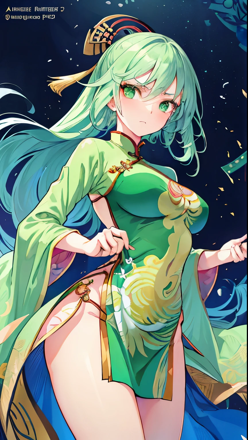 thick outlines, comics, photorealistic, 1girl, solo, (holding ofuda:1.1), dynamic pose, <lora:tao_jun_v1:0.7>, tao jun, green eyes, china dress, chinese clothes, black dress, green hair, side slit, folded ponytail, animal print, chinese temple, detailed background, detailed face, detailed eyes, <lora:add_detail:0.7>