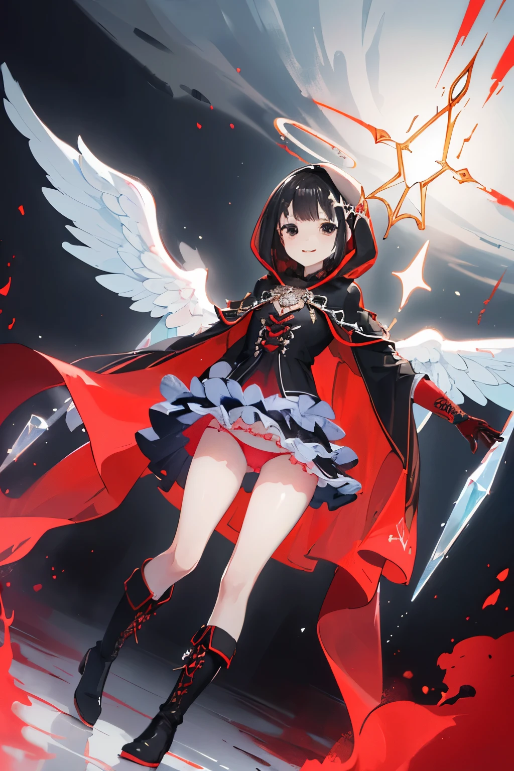 (((1girl))), ((best quality)), ((masterpiece)), ((ultra-detailed)), (illustration), (detailed light), (an extremely delicate and beautiful), (beautiful detailed eyes), (sunlight), ((extremely light)), ((extremely clothes)), (((hyper detail))),(((((front lighting))))),(((((front light))))),
((((quite adorable and much more erotic Necromancer's robe with a brief skirt and Necromancer's hood)))), (((Finest Ranked Necromancer))),
,
((short bob)), ((((black hair)))), (((short hair))),
(((crystal black eyes))), (((tiny adorable angel wings))), (((angel halo))),
(((whole body))), 8 to 1((())))),
((condescending expression)), ((mischievous smile with sexual satisfaction)), (((extra adorable))), (((((extra slender shape))))),
(((extremely beautiful detailed face))), (((surrounded by red fog from corps of fancy ghosts))),
(((((supre dynamically and bravely attacking enemies by a spell of layered red fog of introduction of death))))), (((elegant magic boots))),
(((((Dutch angle))))), (((magical colored gloves))), ((transparent magical underskirt)), (a little bit exposed magical colored panties)