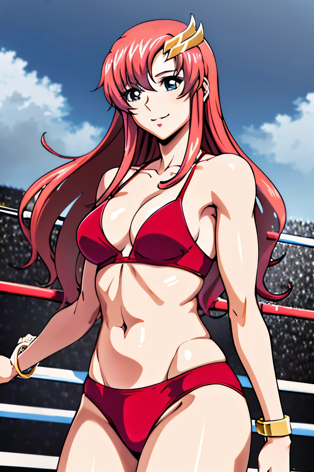 lacus4, (red bikini, groin lines), (masterpiece, cowboy shot, very slim shoulders, 4K, Best Quality, Anime style: 1.9, happy, Adult Woman, (ultra detailed head), (wrestling ring with crowd, cloud background), Drawing lines, high resolution, lacus4), 1girl, Solo, curvy figure, Long hair, 鎖骨, scapular, (Detailed wide hair bangs, Hair Ornament, Detailed reddish-pink hair, shiny streaks, slim arms, detailed golden crest), cleavage, large hands, (hair cover shoulders). (Big blue eyes, shiny eyes), ((female wrestler, (slim body), little biceps, slim arms, closed fists, thighs)), ((perfect proportions, medium breasts, long belly)), ((totally red bra, neck band, bracelets))), smile, (standing, hot colors), detailed fingers, (bare shoulders)
