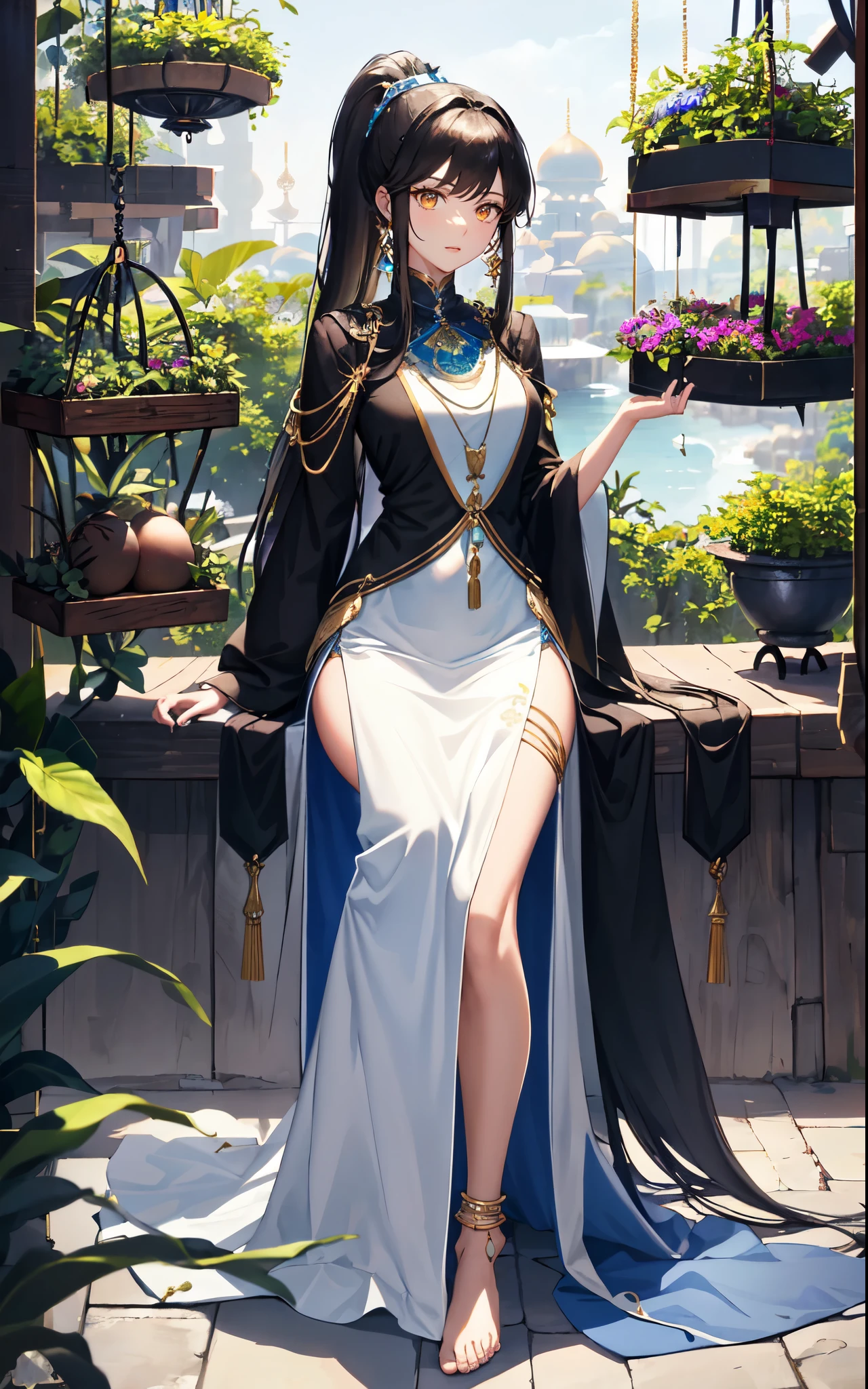 hanging garden背景,greenhouse,Chocolate brown high ponytail long hair,Kneeling close-up,dream world,Babylon Queen,Chocolate high ponytail,Messy hair,golden eyes,civilization,hanging garden背景,(floating island,hanging garden：2.0),A wide range of jewelry,(Precious Middle Eastern style long dress,Black and blue coat,White long skirt：2.0),necklace,Her skin is very white, fair complexion,(White long dress,Exotic),barefoot,Gemstone anklets