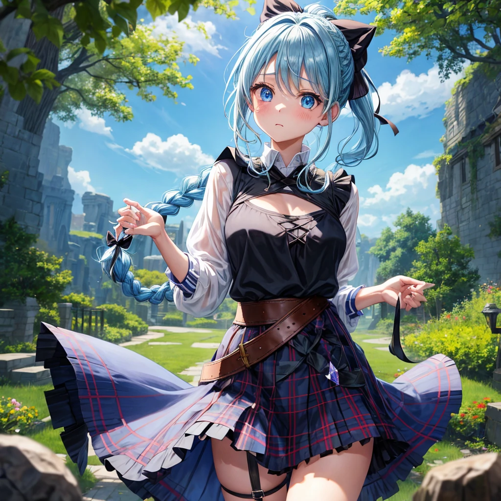 patina hair、blue eyes、Braid、ponytail、one good looking girl、solo、anime、Plaid miniskirt、camisole、black t-shirt、Tilting your face、Doing the ribbon、Ribbon at waist、Raising legs、cloak、the ground is cracked、Shortness of breath、Crystal Grotto、wearing a hood