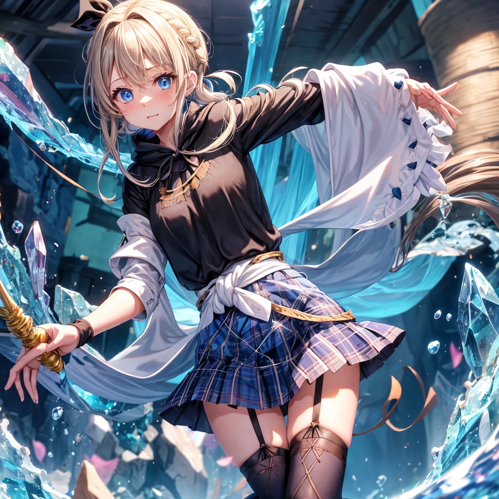 patina hair、blue eyes、Braid、ponytail、one good looking girl、solo、anime、Plaid miniskirt、camisole、black t-shirt、Tilting your face、Doing the ribbon、Ribbon at waist、Raising legs、cloak、the ground is cracked、Shortness of breath、Crystal Grotto、wearing a hood