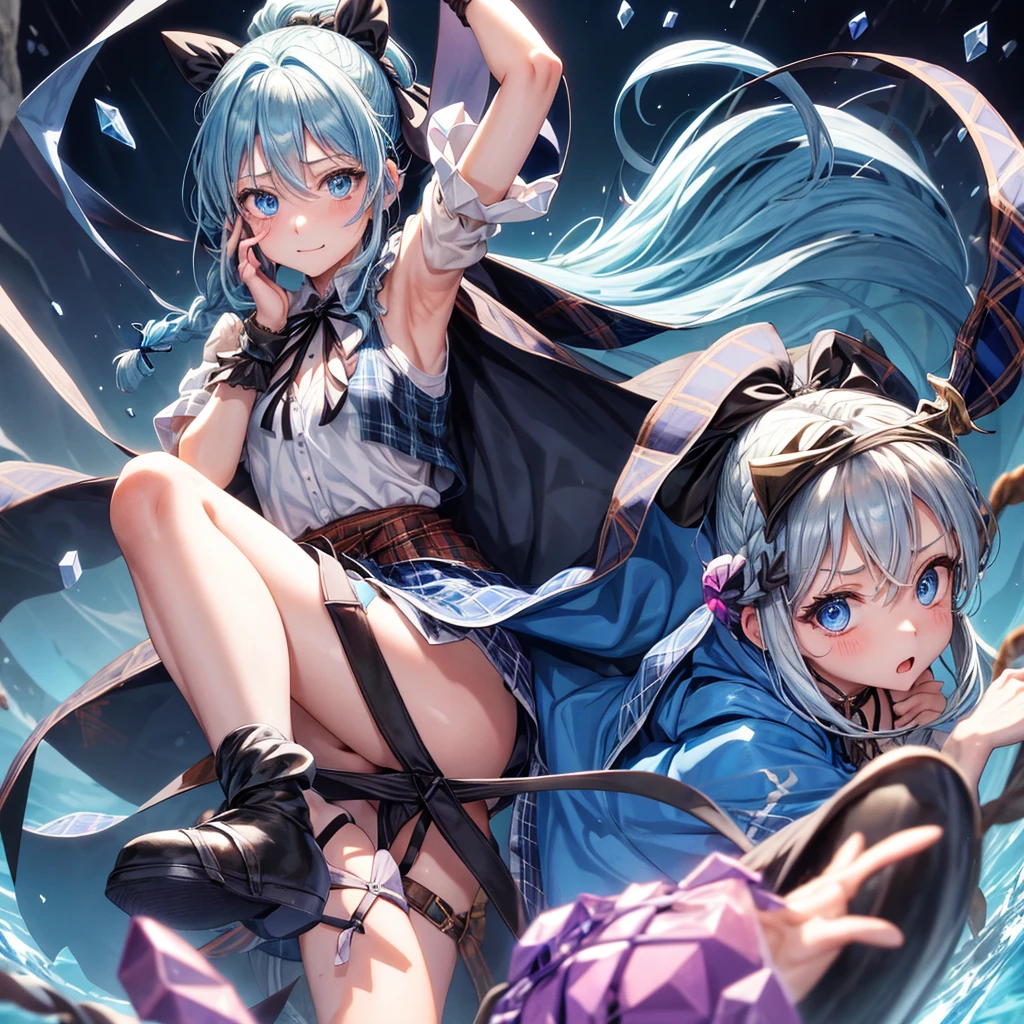 patina hair、blue eyes、Braid、ponytail、one good looking girl、solo、anime、Plaid miniskirt、camisole、black t-shirt、Tilting your face、Doing the ribbon、Ribbon at waist、Raising legs、cloak、the ground is cracked、Shortness of breath、Crystal Grotto、wearing a hood