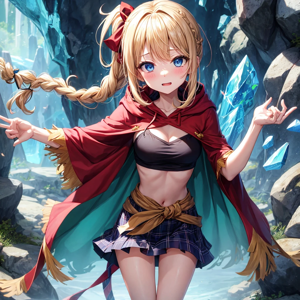patina hair、blue eyes、Braid、ponytail、one good looking girl、solo、anime、Plaid miniskirt、camisole、black t-shirt、Tilting your face、Doing the ribbon、Ribbon at waist、Raising legs、cloak、the ground is cracked、Shortness of breath、Crystal Grotto、wearing a hood