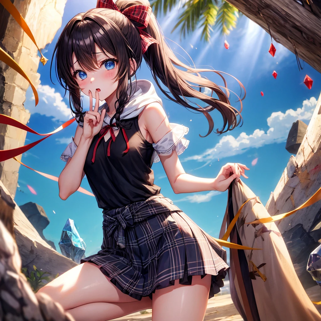 patina hair、blue eyes、Braid、ponytail、one good looking girl、solo、anime、Plaid miniskirt、camisole、black t-shirt、Tilting your face、Doing the ribbon、Ribbon at waist、Raising legs、cloak、the ground is cracked、Shortness of breath、Crystal Grotto、wearing a hood