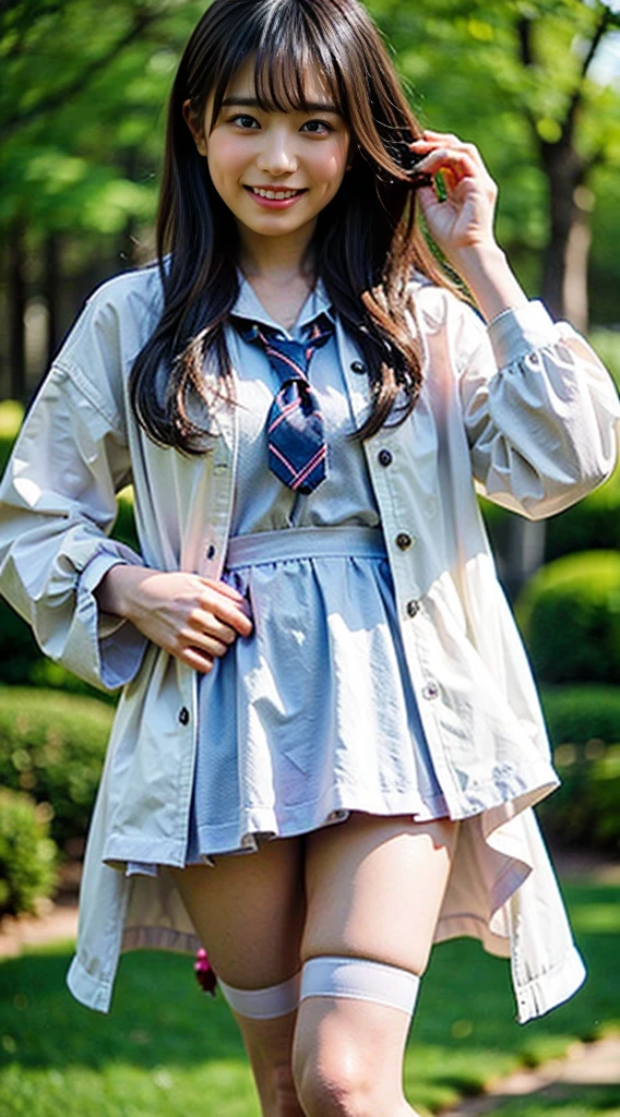 (8K、RAW photo、highest quality、masterpiece:1.2)、(realistic、Photoreal)、40 years、1 girl、I have a mole next to my eye、((White shirt with long sleeves、sailor suit、red tie、Below-the-knee length navy pleated skirt))、（high school girl）、The skirt is rolled up、gal、lots of eyelashes、glitter on eyelids、Dark Red Knee-High Socks、Skeletally correct、thighs open、wavy twintails、cute smile、sweaty body、attractive body beautiful perfect body、V-line emphasis、put your hands behind your head、Beautifully aligned fingertips、