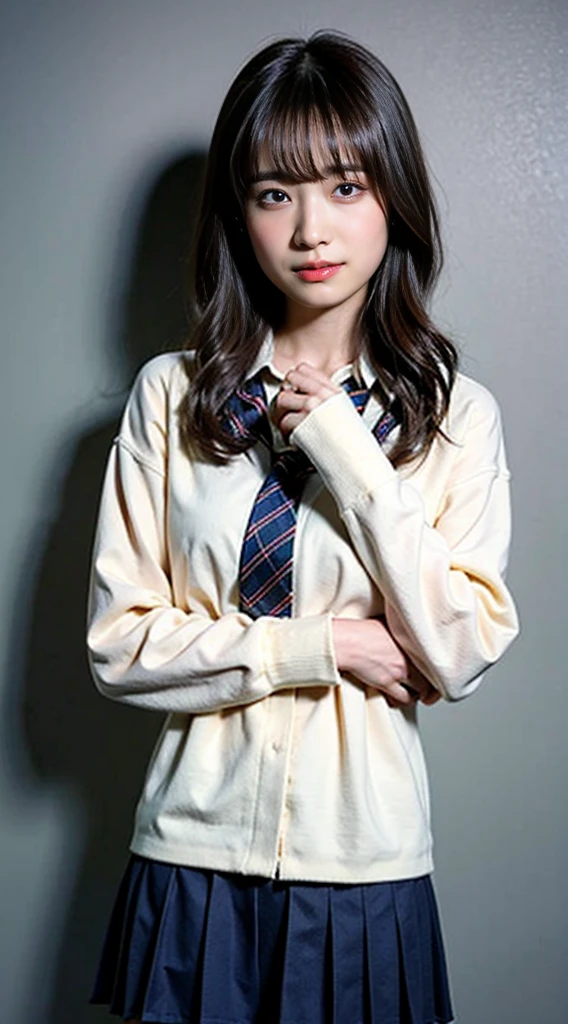 (8K、RAW photo、highest quality、masterpiece:1.2)、(realistic、Photoreal)、40 years、1 girl、I have a mole next to my eye、((White shirt with long sleeves、sailor suit、red tie、Below-the-knee length navy pleated skirt))、（high school girl）、The skirt is rolled up、gal、lots of eyelashes、glitter on eyelids、Dark Red Knee-High Socks、Skeletally correct、thighs open、wavy twintails、cute smile、sweaty body、attractive body beautiful perfect body、V-line emphasis、put your hands behind your head、Beautifully aligned fingertips、