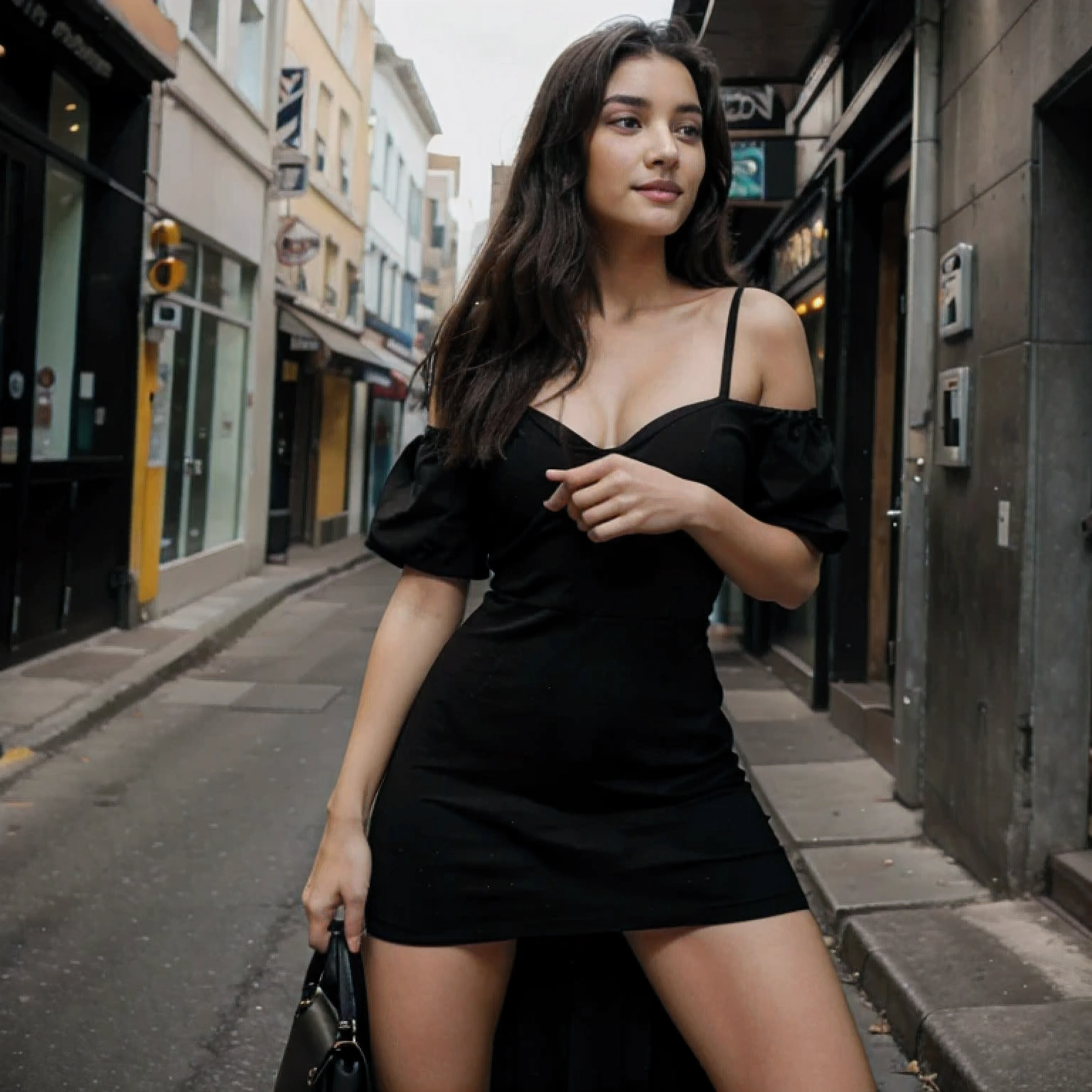 wearing black dress, looking at camera, hard smile