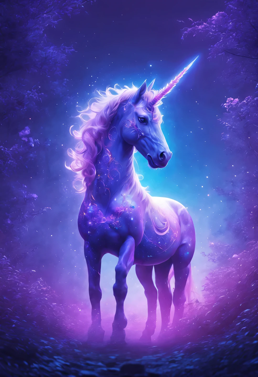 double contact, The huge translucent blue unicorn body incorporates 12 constellation graphics,
background: In the forest of Greek mythology, Shrouded in thick fog, shadow, blue and purple light, Full of mystery, Epic visual effects, Bottom Up, look up, up view, Ultra-clear, super high quality, 8k,
walking alone, The body emits a faint light (Highlight beautiful purple eyes), Unicorn heads are usually very elegant, proportional to its body. The most striking feature of a unicorn is its transparency, There are light golden spiral horns on the head, Appearance like jade，Standing tall and graceful. Their faces are usually triangular in shape, A pair of bright and deep eyes reveal wisdom and agility. The color of the eyes is blue, Unicorn&#39;s big ears are pointed and straight, Give people a feeling of alertness. Unicorn bodies are usually very strong and have smooth lines.