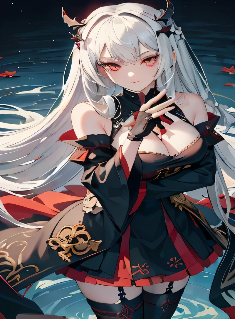 (Overhead view),dynamic angle,ultra-detailed, illustration, close-up, straight on, 1girl, (fantasy:1.4), (crimson red eyes:1.233),Her eyes shone like blood moon,(glowing eyes:1.233),(beautiful and detailed eyes:1.1),(Silver hair:1.14),(wavy hair,very long hair,french braid,hair between eyes,sidelocks), (+(black flower on hair:1.14)),(black dress,black flower pattern)/=(military uniform:1.24),(detached sleeves,wide sleeves),(fingerless gloves),choker,(miko thighhighs),High heeled boots,(stern stare),(standing), (tableand french windowin a white ancient palaces),(white flowers,bloom),(abysmal sea),(flowing water),(a dull blue world tree:1.14),(ruins),(night:1.2),dreamy,soul,(fluorescence), (green flower thorns:1.15), [[delicate fingers and hands:0.55]::0.85],(detail fingers),(yubao:0.5),(Vampire)