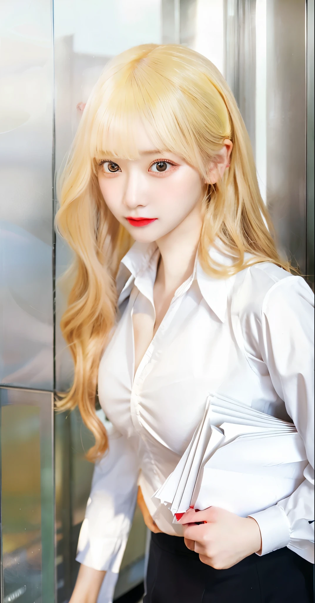 Jisoo from BlackPink is a CEO in her luxurious office while wearing a white women's suit and her really long blonde hair is wavy, she's sitting in the chair behind the office desk and possesses a quiet expression, she have dark glamorous makeup, it's located in the center of the photography, her hand is on her chin, high-quality, highly detailed