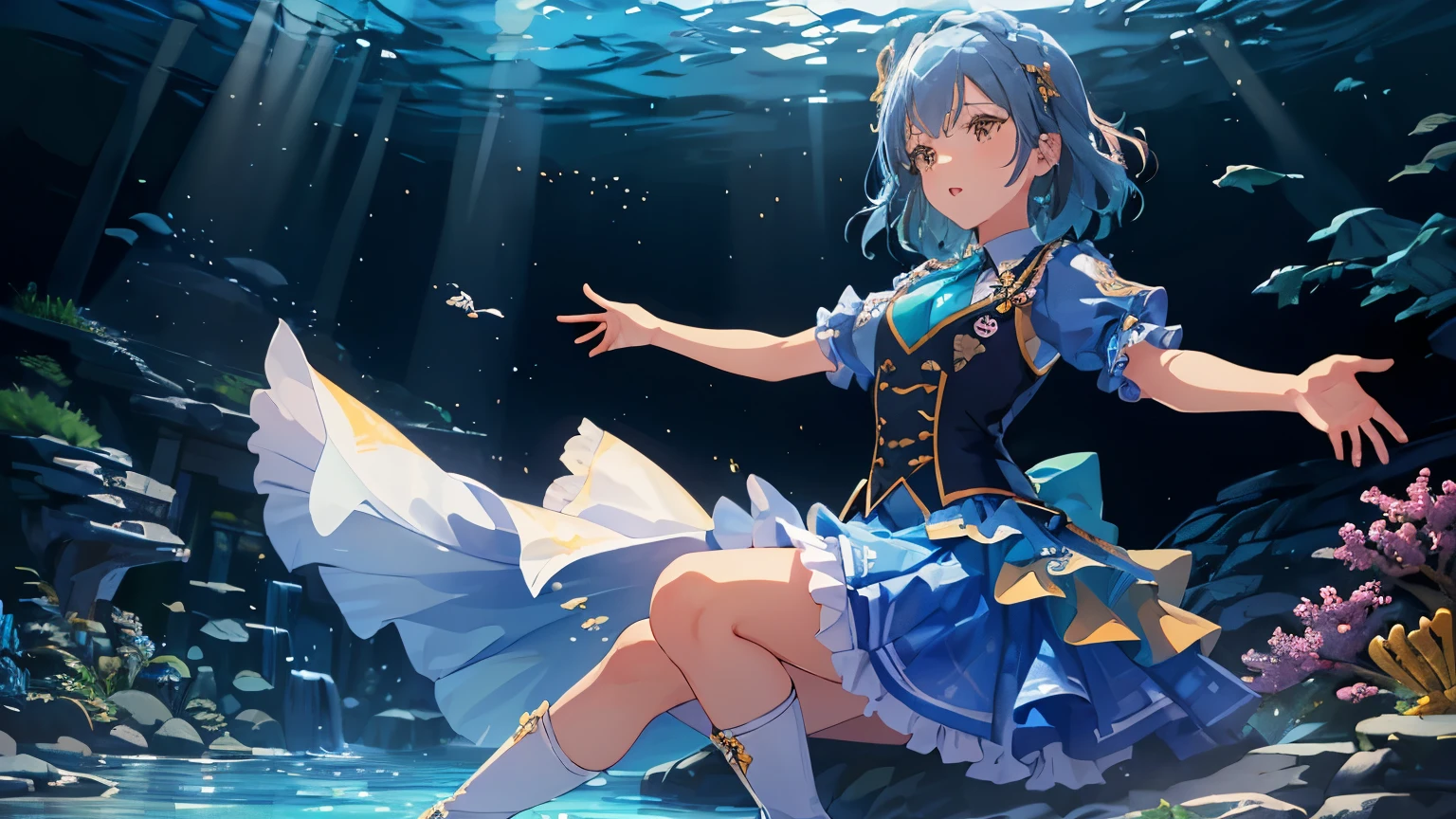 yuriko nanao (million live), 1 girl, Solo, Cute Girl, (Best Quality, Ultra-detailed, 8K, High resolution, Detailed face), (((swimming under the sea))), Bob Hair, ((idol costume:1.2, blue vest, frilled vest:1.5, short sleeves, puffy sleeves, blue necktie, blue skirt, gingham plaid skirt, flared skirt, layered skirt:1.3, white boots)), aqua bubbles, tropical fishes in the background,