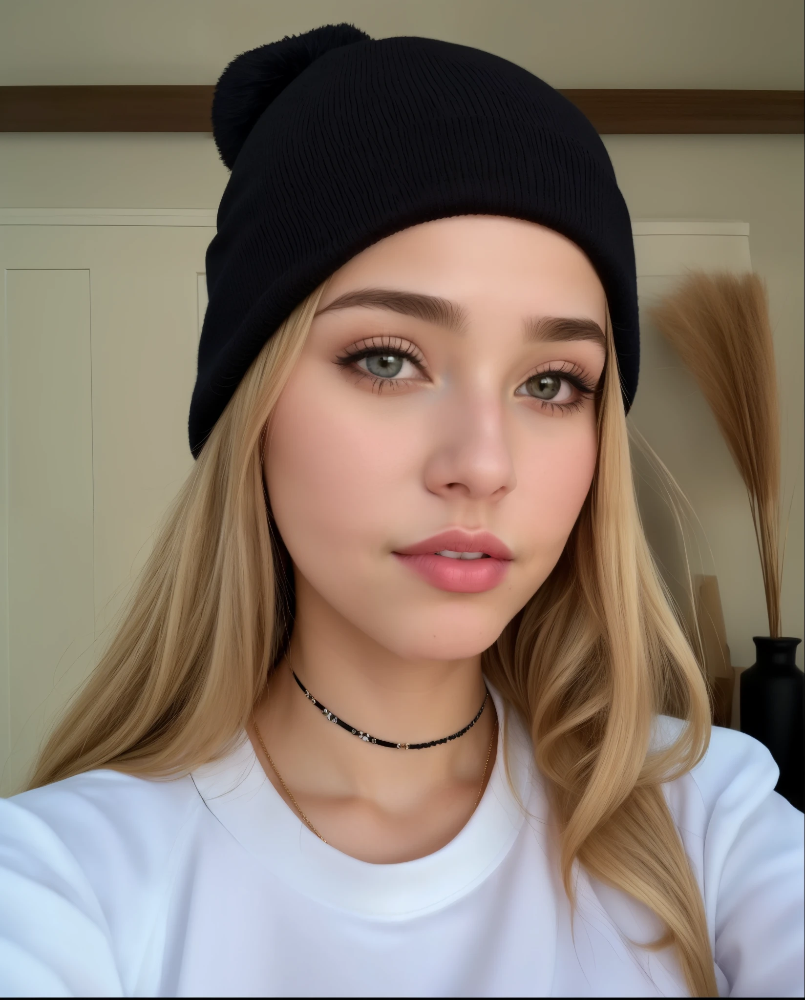puffy woman with black hat and white shirt taking a selfie, sem maquiagem, Retrato de Sophie Mudd, 18 anos de idade, usando um gorro, with black hat on head, rosto perfeito!!, 1 6 anos, wearing a cute hat, ela tem um rosto fofo, wearing a choker and a cute hat, usando gorro, rosto perfeito and boy