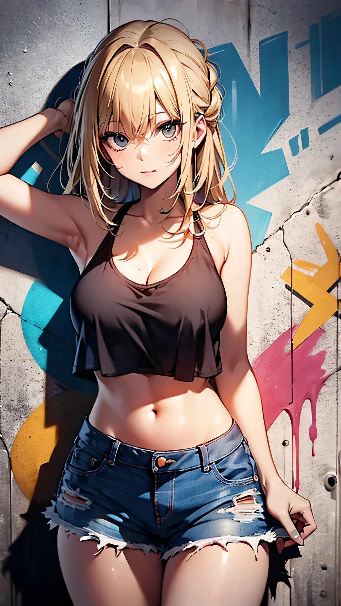 最high quality、best image quality、masterpiece、teenage girl((18-year-old、 By becoming、vest bust、medium bust,wide open breast tea、black eye, blonde hair、Habitual hair、long hair、thin,highest valley、navel black tank top、blue shorts、Holding a spray can、)),high quality、beautiful art、background((Bright city、wall、graffiti、paint))debris flies、Depth of written boundary、movie、visual art、perfect art、8K,genuine