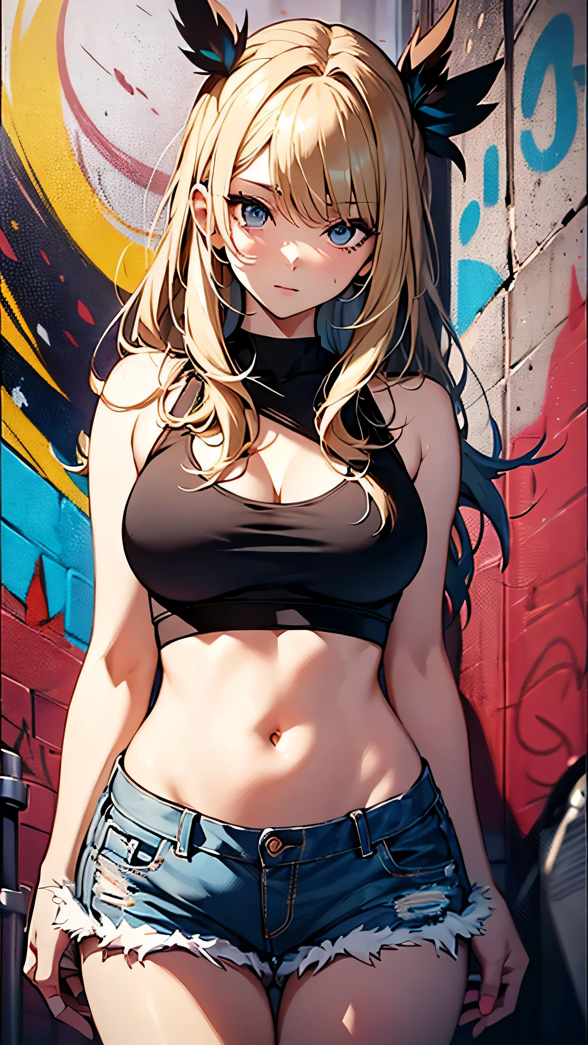 最high quality、best image quality、masterpiece、age girl((18-year-old、 By becoming、vest bust、medium bust,wide open breast tea、black eye, blonde hair、Habitual hair、long hair、thin,highest valley、navel black tank top、blue shorts、Holding a spray can、)),high quality、beautiful art、background((Bright city、wall、graffiti、paint))debris flies、Depth of written boundary、movie、visual art、perfect art、8K,genuine
