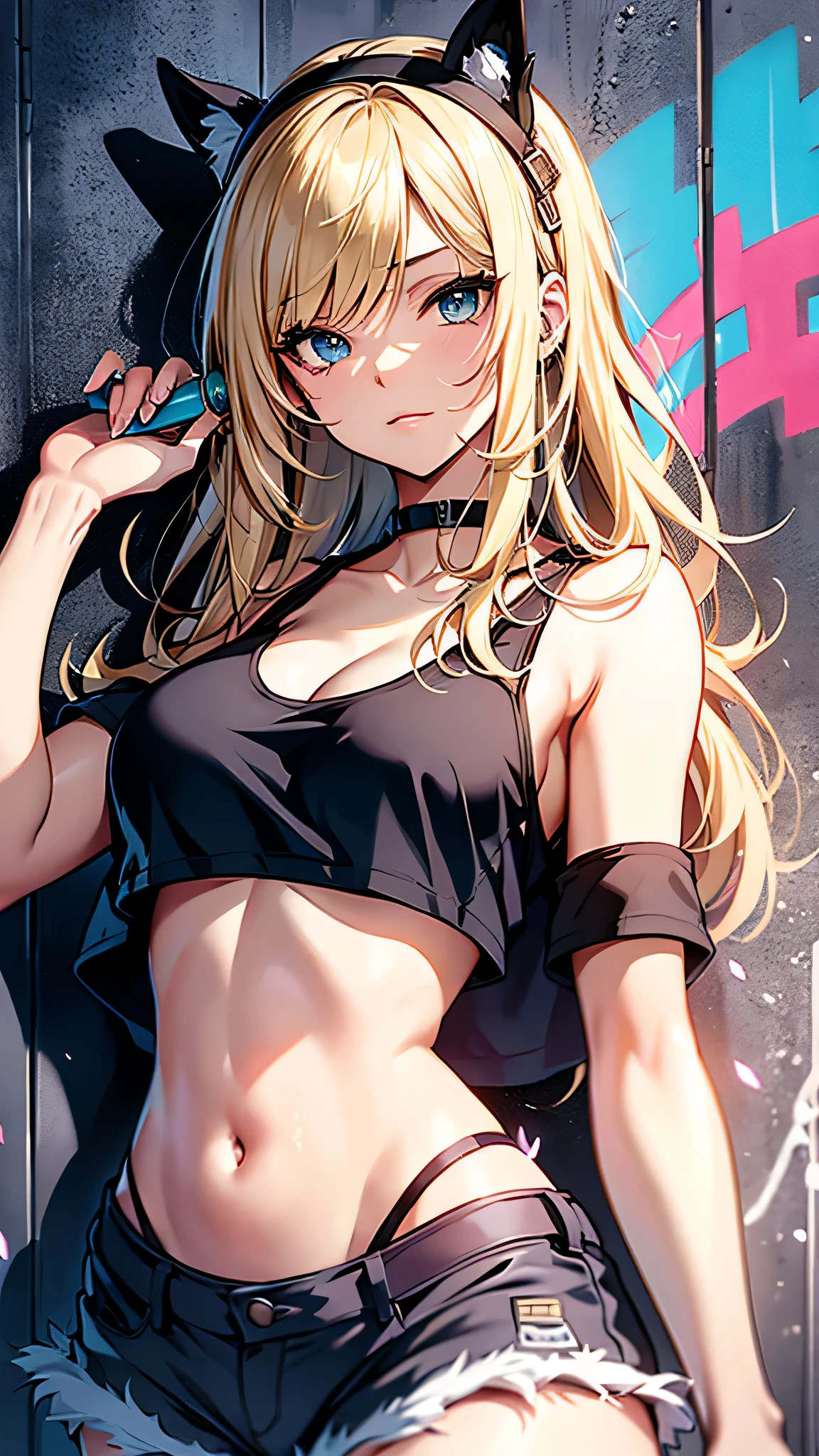 Anime Kawaii sexy Perfect Slim sensual body large breast and huge thighs, An intricate and highly detailed illustration of anime (Young girl) 最high qualiy、best quality image、work of art、adolescent((18-years old、 Becoming、vest bust、medium bust,wide open breast tea、Black eye, hair blonde、Usual hair、long hair、fine tune,higher valley、black tank top with navel、blue shorts、Holding a spray can、smug face、leaning forward)),high qualiy、linda arte、fund((Shining city、wand、graffit、paint))debris flies、Written limit depth、film、visual artwork、Perfect artwork、8k,genuine