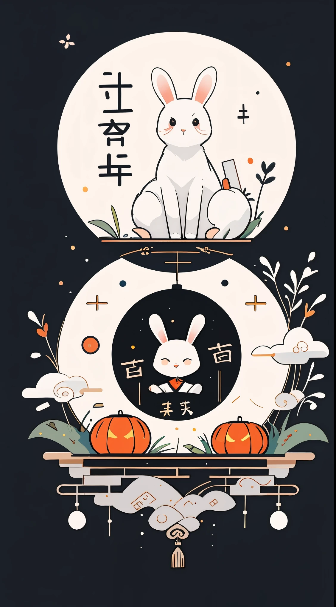 (A rabbit:1.4), sat on the ground, Looking up, ((Mid-Autumn Festival atmosphere,sweet osmanthus,Kongming Lantern,Meniscus,Moon cake)),(Chinese kanji:1.3),Chinese Traditional illustration style, Digital art, Simple background, Masterpiece on white background, Best quality, Ultra-detailed, High quality, 4K