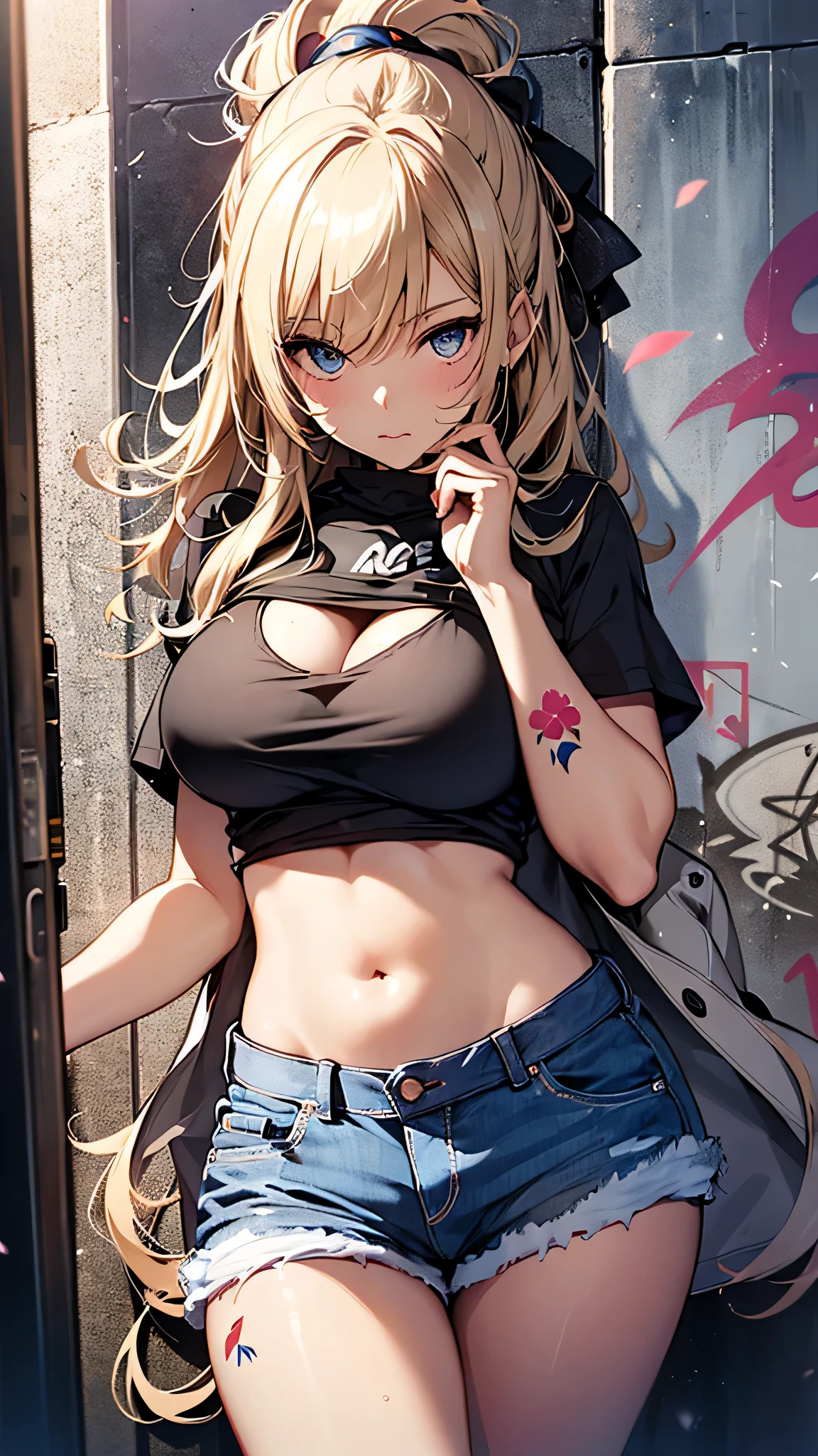 最high quality、best image quality、masterpiece、age girl((18-year-old、 By becoming、vest bust、medium bust,wide open breast tea、black eye, blonde hair、Habitual hair、long hair、thin,highest valley、navel black tank top、blue shorts、Holding a spray can、)),high quality、beautiful art、background((Bright city、wall、graffiti、paint))debris flies、Depth of written boundary、movie、visual art、perfect art、8K,genuine