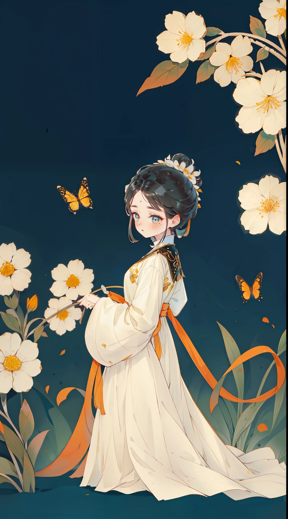1 Sister, Alone, looking at viewert, face flushed, Background with, black hair color hair, hair adornments, longer sleeves, white backgrounid, Eternal, Full body lesbian, golden colored, flowers blooming, hairflower, hair-bun, butterflys, tmasterpiece, recent quality, The finest details, Clear facial features, beautidful eyes