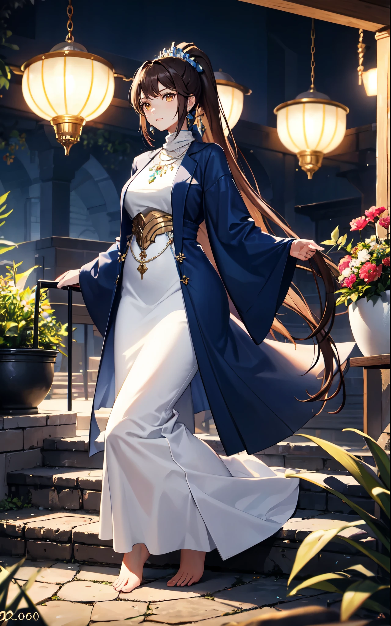 hanging garden背景,greenhouse,Chocolate brown high ponytail long hair,Kneeling close-up,dream world,Babylon Queen,Chocolate high ponytail,Messy hair,golden eyes,civilization,hanging garden背景,(floating island,hanging garden:2.0),A wide range of jewelry,(Precious Middle Eastern style long dress,Black and blue coat,White long skirt:2.0),necklace,Her skin is very white, fair complexion,(White long dress,Exotic),barefoot,Gemstone anklets