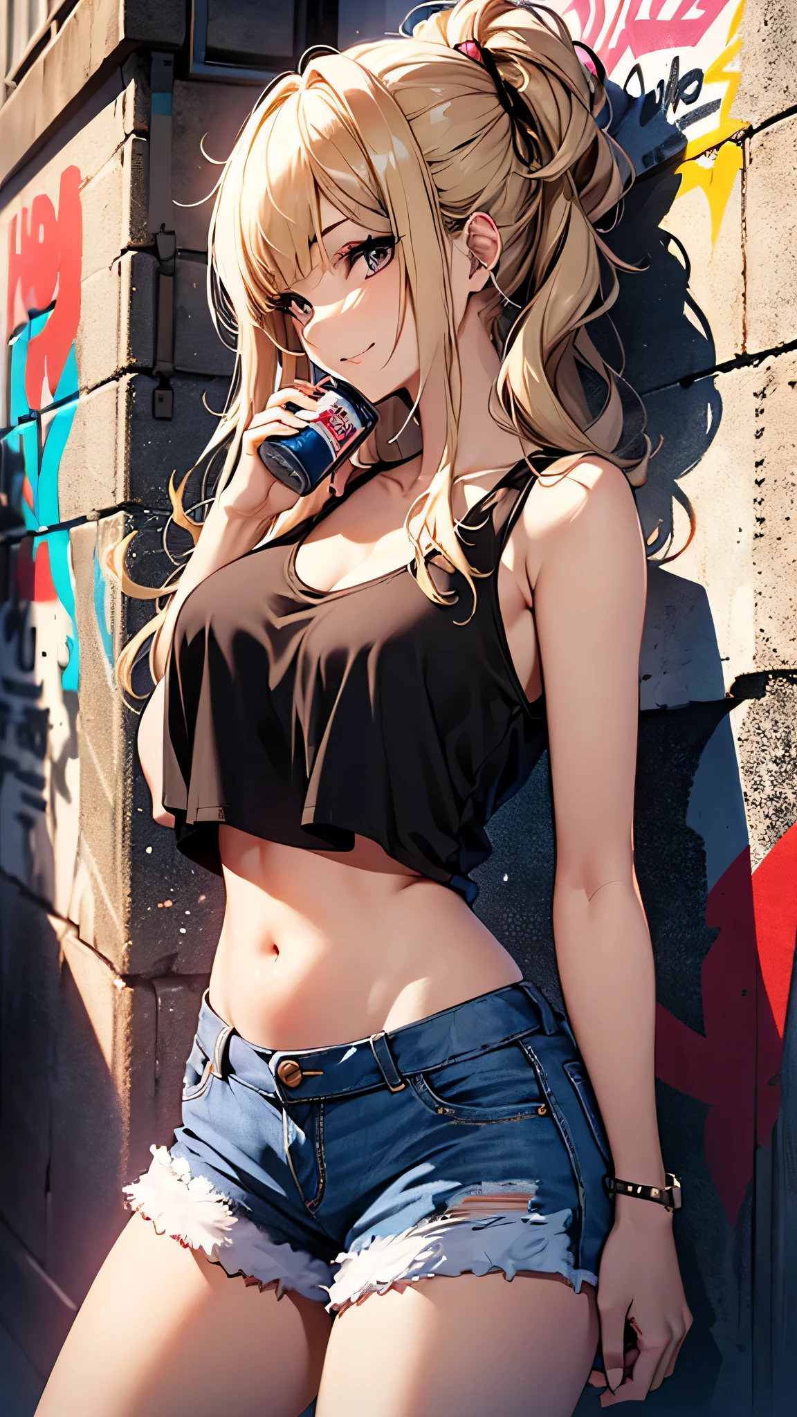 最high quality、best image quality、masterpiece、teenage girl((18-year-old、 By becoming、vest bust、medium bust,wide open breast tea、black eye, blonde hair、Habitual hair、long hair、thin,highest valley、navel black tank top、blue shorts、Holding a spray can、smug face)),high quality、beautiful art、background((Bright city、wall、graffiti、paint))debris flies、Depth of written boundary、movie、visual art、perfect art、8K,genuine