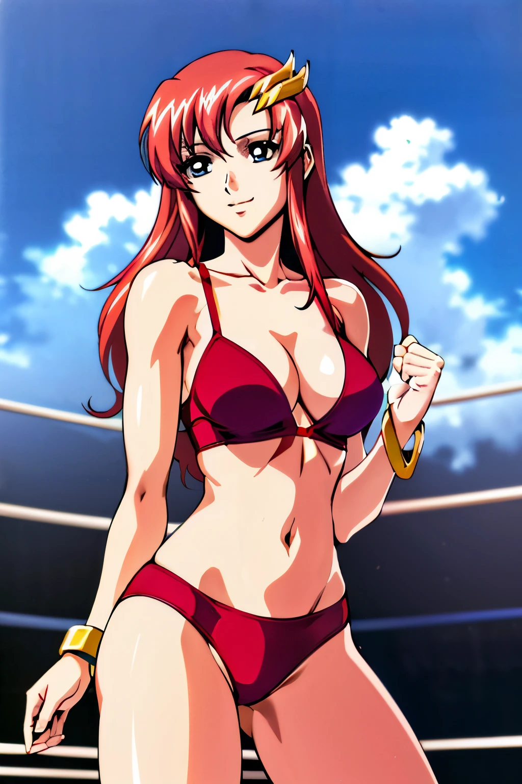 lacus4, (red bikini, groin lines), (masterpiece, cowboy shot, very slim shoulders, 4K, Best Quality, Anime style: 1.9, happy, Adult Woman, (ultra detailed head), (wrestling ring with crowd, cloud background), Drawing lines, high resolution, lacus4), 1girl, Solo, curvy figure, Long hair, 鎖骨, scapular, (Detailed wide hair bangs, Hair Ornament, Detailed reddish-pink hair, shiny streaks, slim arms, detailed golden crest), cleavage, large hands, (hair cover shoulders). (Big blue eyes, shiny eyes), ((female wrestler, (slim body), little biceps, slim arms, closed fists, thighs)), ((perfect proportions, medium breasts, long belly)), ((totally red bra, neck band, bracelets))), smile, (standing, hot colors), detailed fingers, (bare shoulders)
