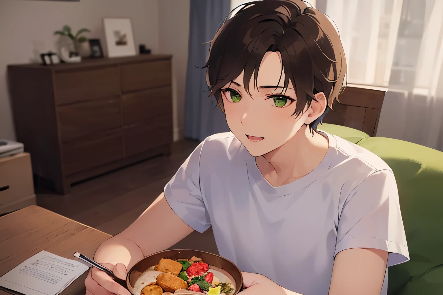 eating candy, cinematic angle, masterpiece、high quality、(25 year old man with short dark brown hair and green eyes:1.5), wearing a white T-shirt、(Alone:1.5)、smile, (Only the upper body is shown.:1.3)、The background is the living room