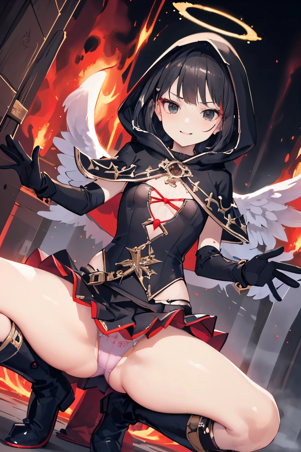 (((1girl))), ((best quality)), ((masterpiece)), ((ultra-detailed)), (illustration), (detailed light), (an extremely delicate and beautiful), (beautiful detailed eyes), (sunlight), ((extremely light)),  ((extremely clothes)), (((hyper detail))),(((((front lighting))))),(((((front light))))),

((((quite adorable and much more  Necromancer's robe with a brief skirt and Necromancer's hood)))), (((Finest Ranked Necromancer))),
, 

((short bob)), ((((black hair)))), (((short hair))),
(((crystal black eyes))), (((tiny adorable angel wings))), (((angel halo))),

(((whole body))), aged 8, ((((())))),
((condescending expression)), ((mischievous smile with sexual satisn)),  (((extra adorable))), (((((extra slender shape))))), 
(((extremely beautiful detailed face))), (((surrounded by red fog from corps of fancy ghosts))), 
(((((supre dynamically and bravely attacking enemies by a spell of deadly drive to death))))), (((elegant magic boots))),

(((((Dutch angle))))), (((magical colored gloves))), ((transparent magical underskirt)), (a little bit exposed magical colored panties)