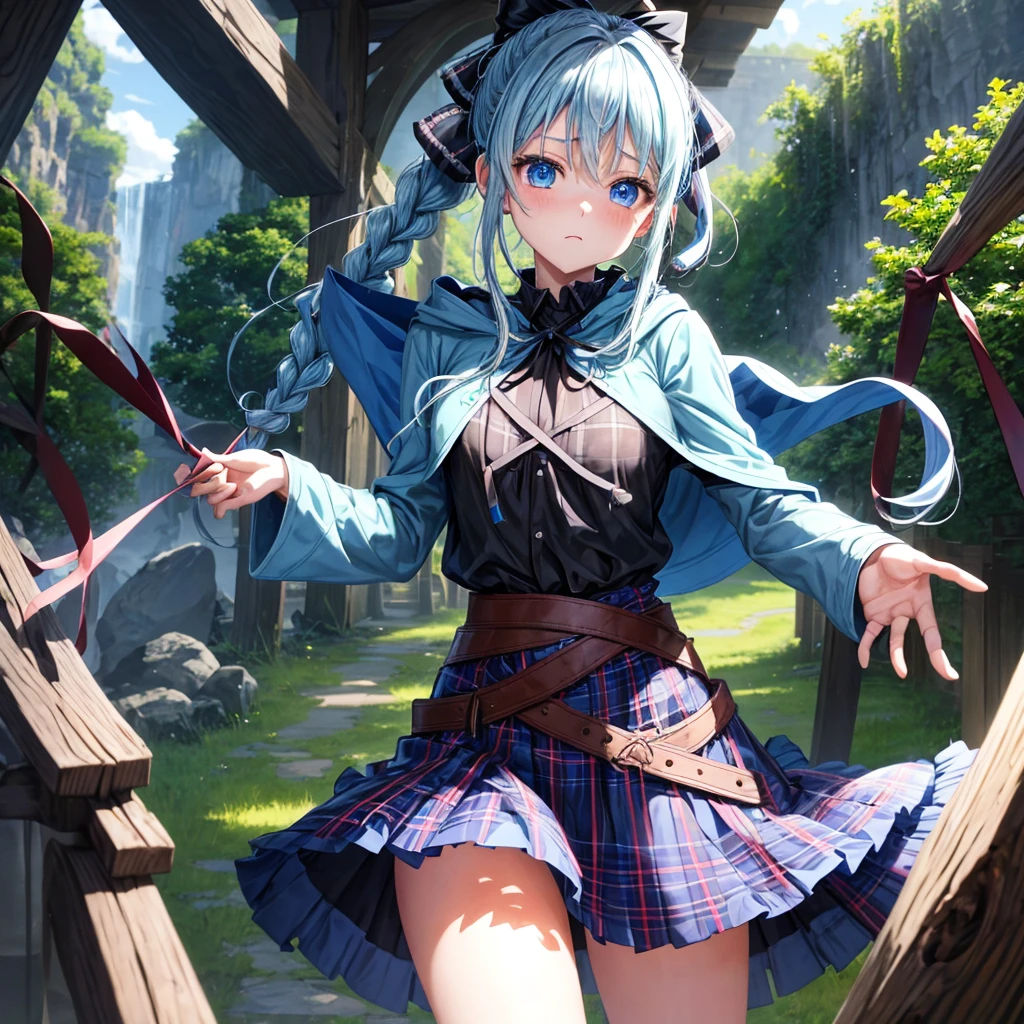 patina hair、blue eyes、Braid、ponytail、one good looking girl、solo、anime、Plaid miniskirt、camisole、black t-shirt、Tilting your face、Doing the ribbon、Ribbon at waist、Raising legs、cloak、the ground is cracked、Shortness of breath、Crystal Grotto、wearing a hood