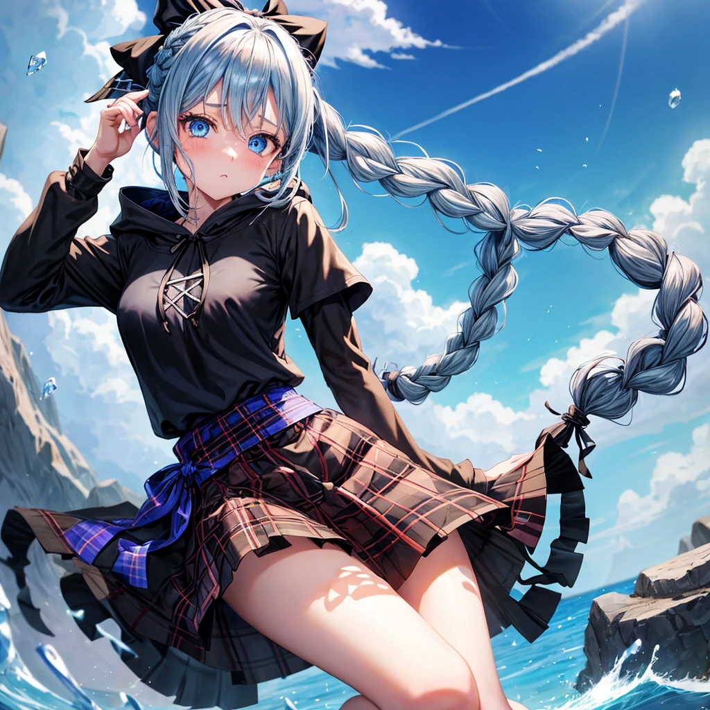 patina hair、blue eyes、Braid、ponytail、one good looking girl、solo、anime、Plaid miniskirt、camisole、black t-shirt、Tilting your face、Doing the ribbon、Ribbon at waist、Raising legs、cloak、the ground is cracked、Shortness of breath、Crystal Grotto、wearing a hood