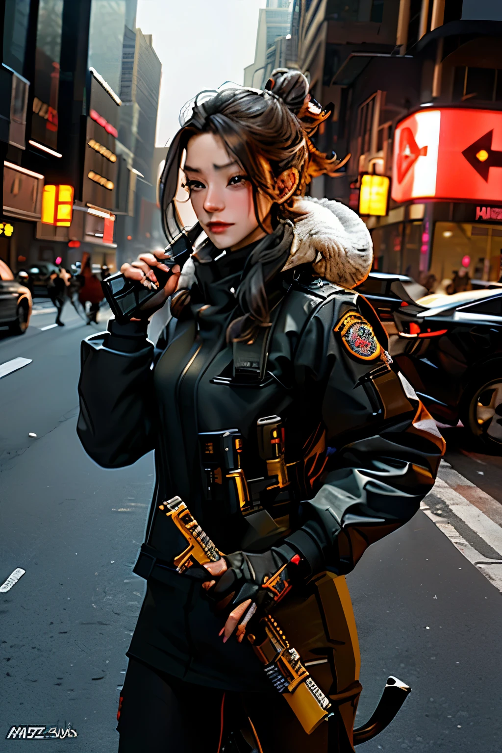 A massive rat, in the heart of New York City, wields an AK-47 rifle in its two paws. The chaotic scene unfolds as people panic and flee in terror. This intricately detailed and dynamic image, captured in RAW format and presented in the best quality, showcases the rodent's beady eyes and razor-sharp teeth in a 4K resolution, realistic and cinematic depiction. The gun, muzzle flashes included, seems to exude an air of menace against the backdrop of a urban chaos. The fur on the rat's back is messy and disheveled, reflecting the pandemonium, while its