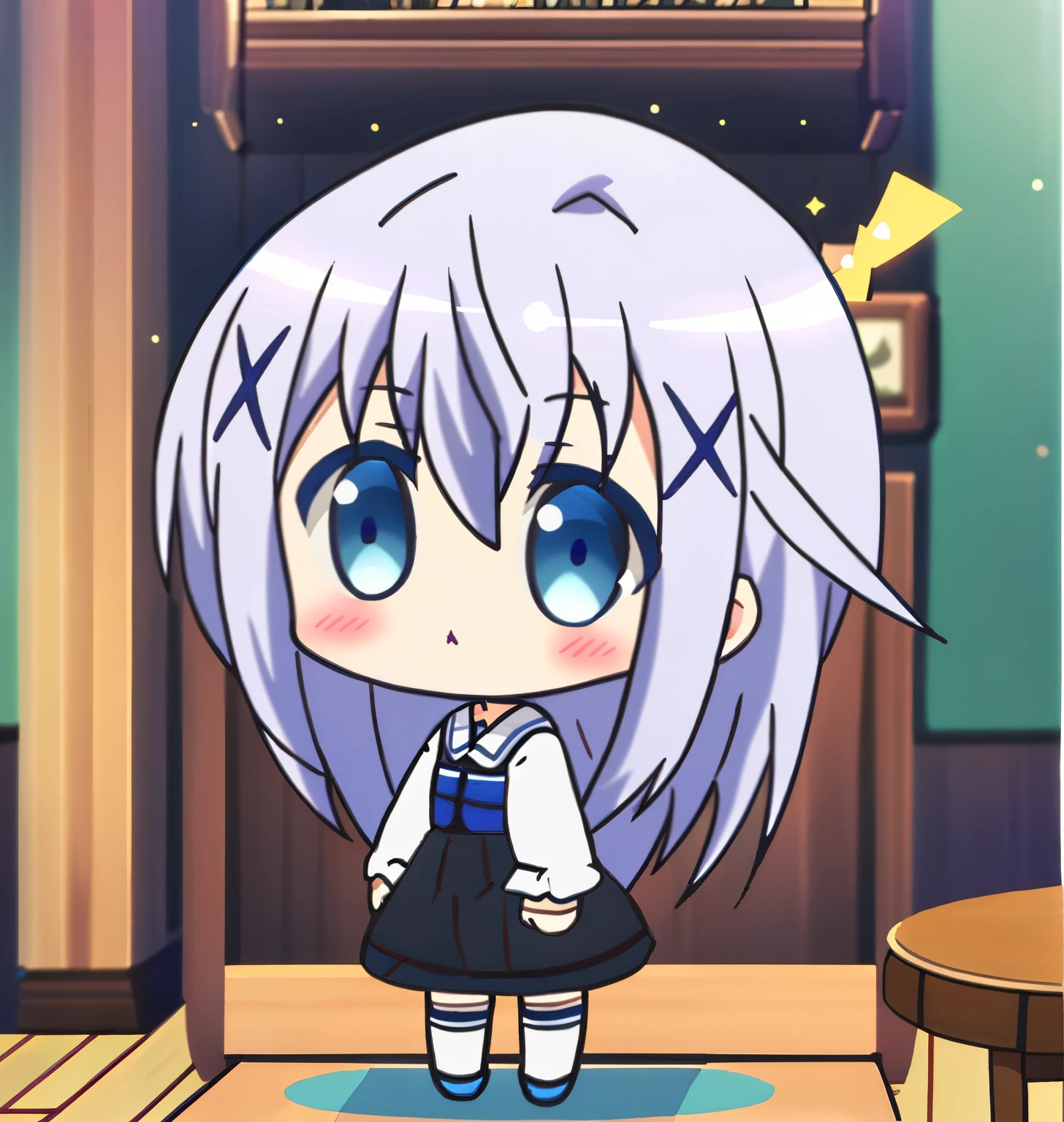 Kafuu Chino, chibi, full body, white back, highest quality, masterpiece, High resolution, white_hair, lupong_hair, blue_eye, X_hair_ornament, hair_ornament, blush, 前hair, hair_between_eye, 1 girl,