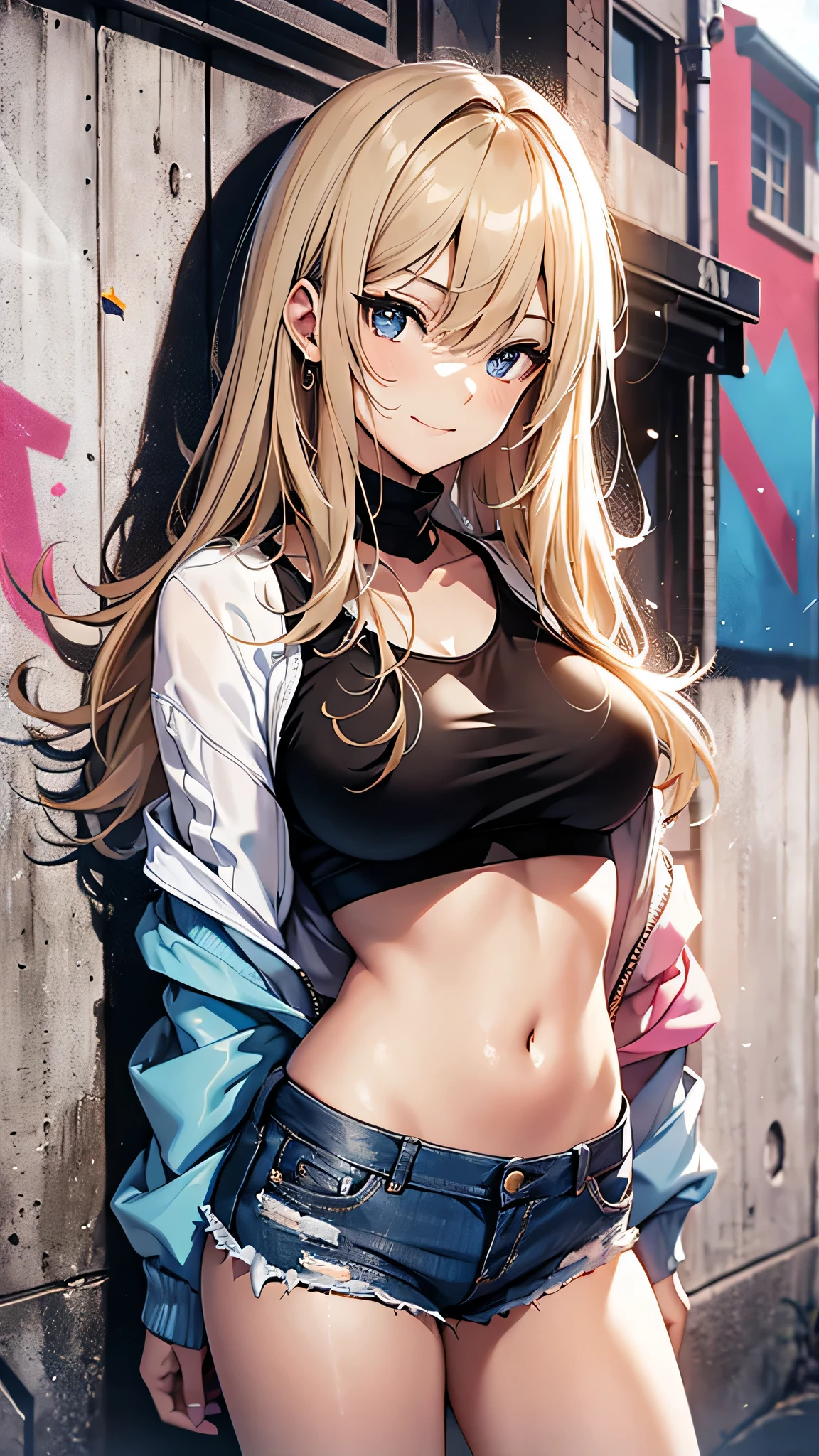 ((masterpiece, top-quality, the Extremely Detailed CG Unity 8K Wallpapers, Ultra-realistic 8kCG, erfect artwork)), The perfect female figure, Dramatic shadows, spot light, Perfect litthing, Detailed light, (((1girl in))), ((A detailed face,clearly defined eyes, )), ((a blond, waved hair)), (((sexypose))), Navel is visible, large full breasts, ((cute face))), (gently smiling: 1.2), (asymmetrical bangs, beautiful eyelashes), 美丽的面容, Clear eyes, (beautiful chest line:1.2), (cleavage), beautiful a girl, Exquisite facial features depicting the perfect face, Naturally beautiful, sweating, slenderbody, Light and beautiful thigh expression, hi-school girl, parka, White blouses, bow ribbon, pleatedskirt, In front of a wall full of graffiti, Night, (((Leaning on the wall, is standing))), ((lowfers:1.5)), awardwinning photo, detaile, realistic light and shadow, 8K分辨率, Professional Lighting, (glistning skin:0.9), perfect hand,