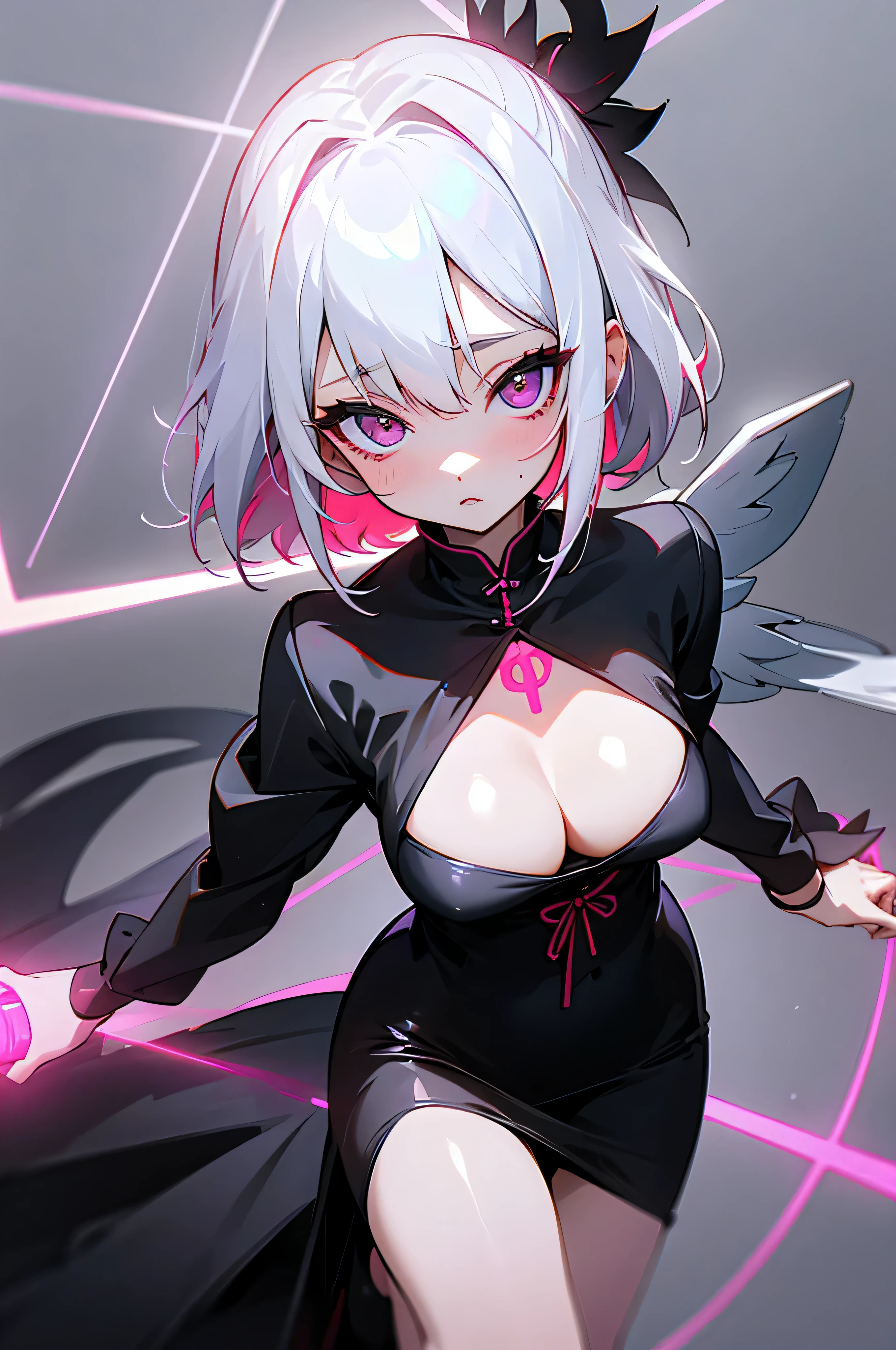 1 female、Cool sister、looking at the camera、red cheeks、god、Angel、god々New、cleavage、wing、white hair、black dress、gray haori、Open neck、Neon feeling、neon laser、neon room