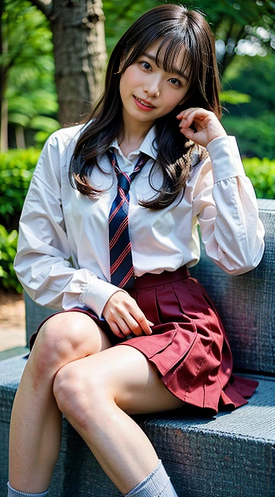 (8K、RAW photo、highest quality、masterpiece:1.2)、(realistic、Photoreal)、40 years、1 girl、I have a mole next to my eye、((White shirt with long sleeves、sailor suit、red tie、Below-the-knee length navy pleated skirt))、（high school girl）、The skirt is rolled up、gal、lots of eyelashes、glitter on eyelids、Dark Red Knee-High Socks、Skeletally correct、thighs open、wavy twintails、cute smile、sweaty body、attractive body beautiful perfect body、V-line emphasis、put your hands behind your head、Beautifully aligned fingertips、