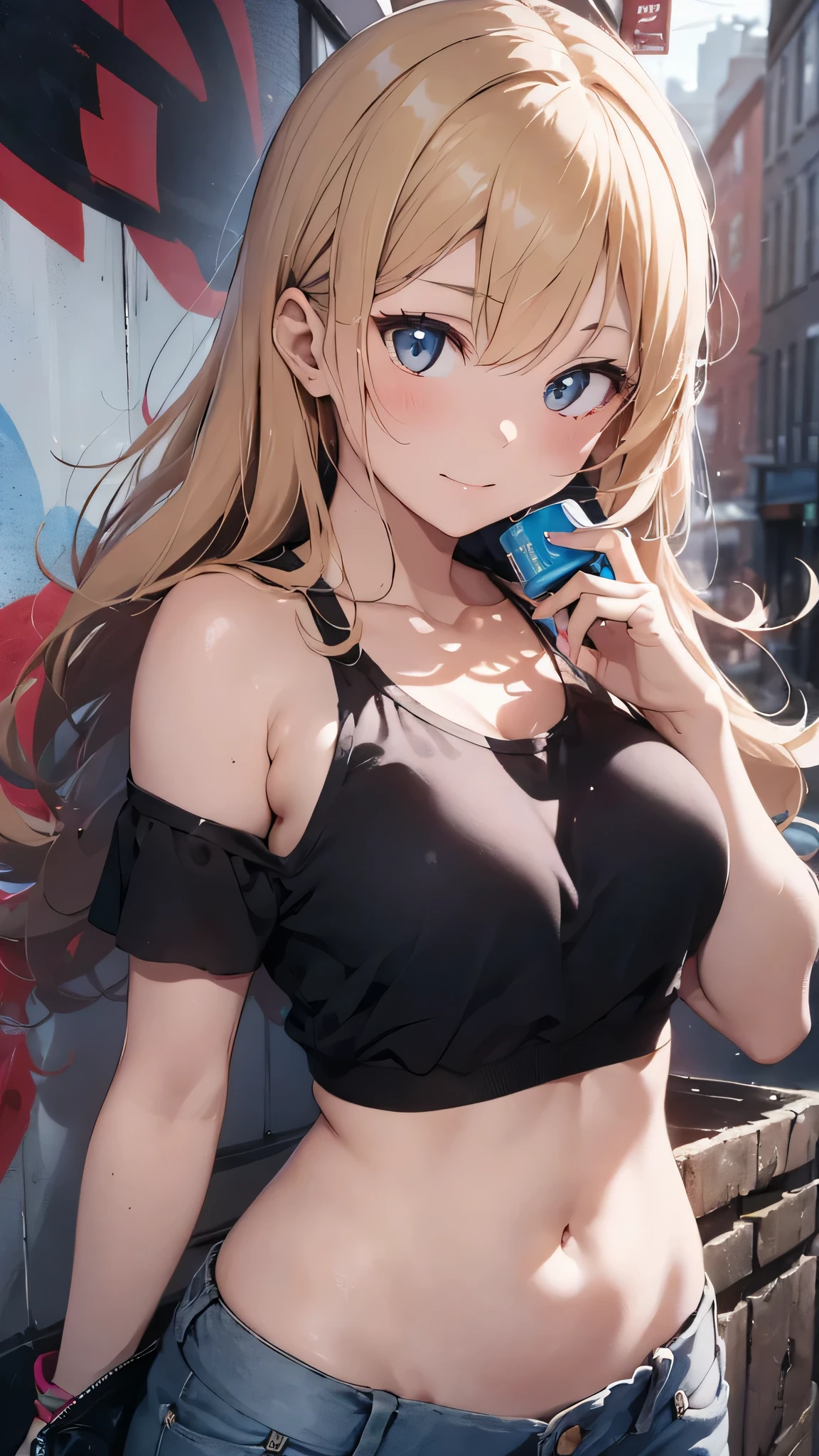 最high quality、best image quality、masterpiece、teenage girl((18-year-old、 By becoming、vest bust、medium bust,wide open breast tea、black eye, blonde hair、Habitual hair、long hair、thin,highest valley、navel black tank top、blue shorts、Holding a spray can、smug face、leaning forward)),high quality、beautiful art、background((Bright city、wall、graffiti、paint))debris flies、Depth of written boundary、movie、visual art、perfect art、8K,genuine