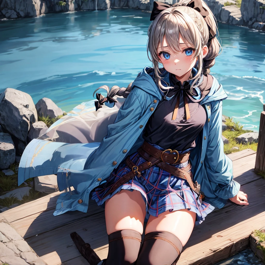 patina hair、blue eyes、Braid、ponytail、one good looking girl、solo、anime、Plaid miniskirt、camisole、black t-shirt、Tilting your face、Doing the ribbon、Ribbon at waist、Raising legs、cloak、the ground is cracked、Shortness of breath、Crystal Grotto、wearing a hood