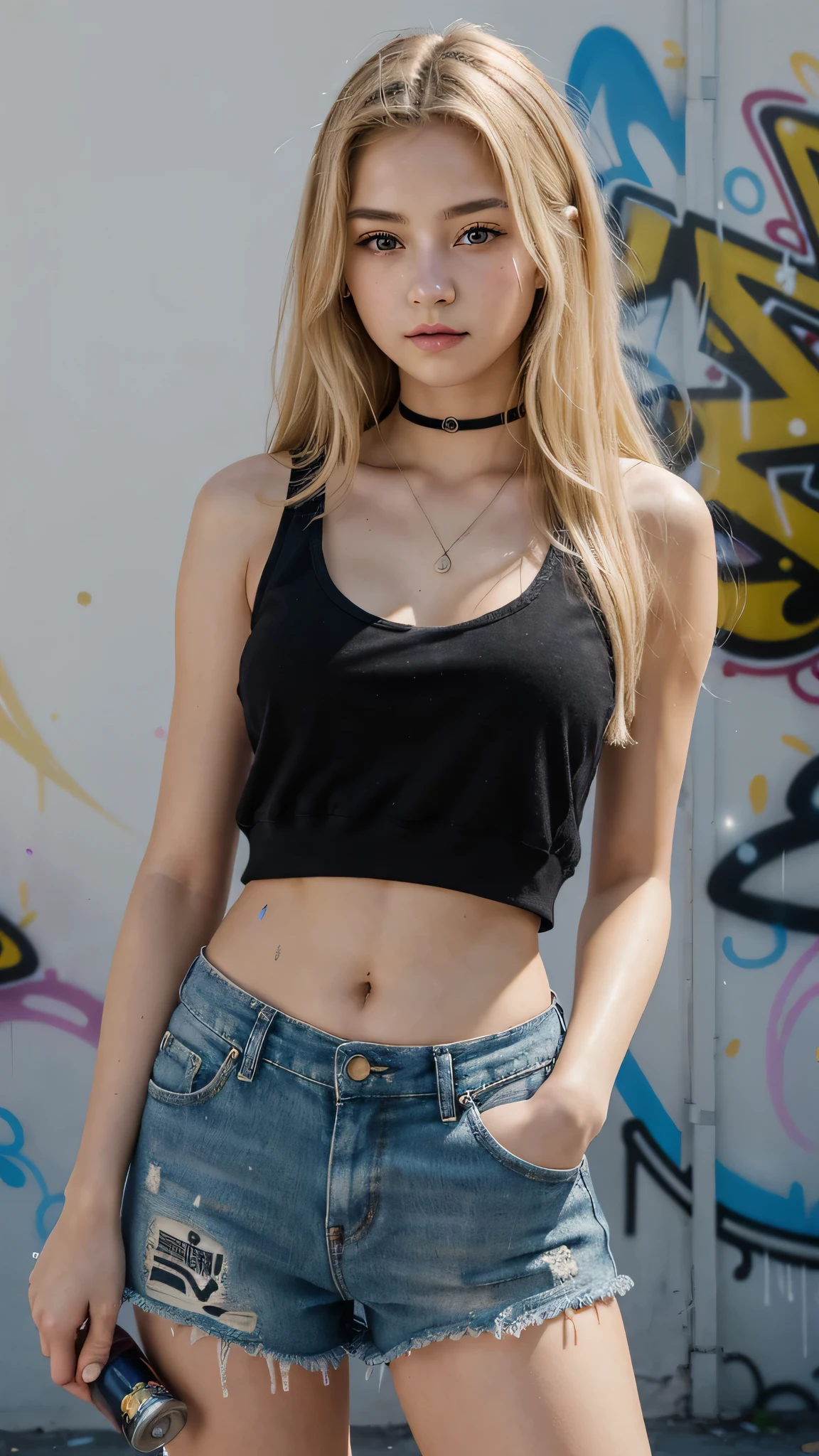 ((small breast:1.3)), ((2 tomboy girls)), daylight,  (flat abs : 1.1), (perfect body : 1.1), (long messy blond hair : 1.2) ,  collar, chain, earrings, wearing tank top, ((cropped shorts:1.2)),  delicate and beautiful gaze at viewer