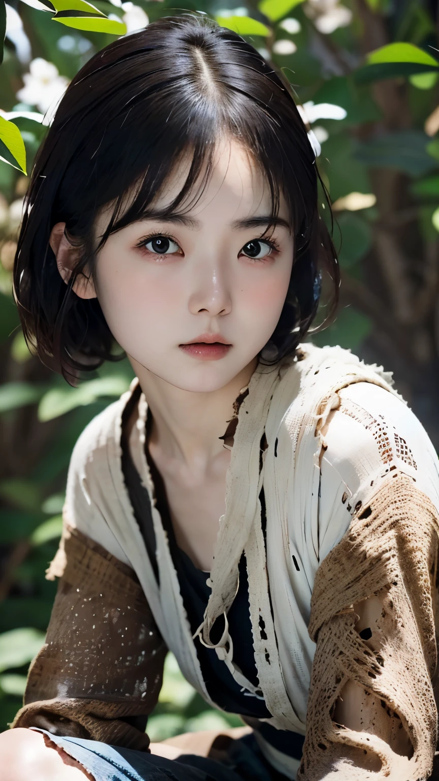 (((film grain,a black and white photo:1.3、RAW photo)))、highest quality, (dramatic lighting:0.7), masterpiece, high angle shot, Raw photo of (Pale 21 year old woman with short hair, looking up at the viewer), cute, (Wearing tattered combat fatigue, confused), (Sitting in the tank), portrait, perfect face, enchanting eyes, vivid details, (very detailed肌), software, (blue tint:0.6), (dirty:0.8), (bloody:0.7), Key lighting, (Backlight:0.5), medium depth of field, photographed on a Canon 5D, 50mm lens, f/4 aperture, (very detailed, intricate details), sharp focus, calm colors, 8K, confused, 8mmfilm grain, war photography