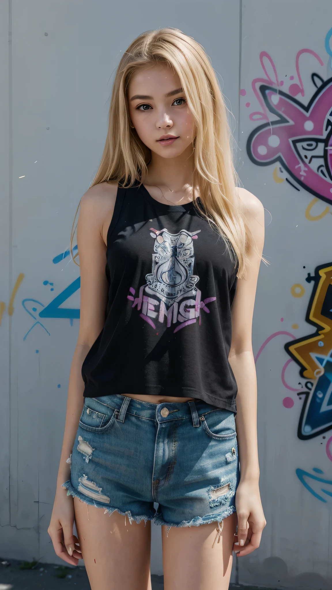 最high quality、best image quality、masterpiece、teenage girl((18-year-old、 By becoming、vest bust、medium bust,wide open breast tea、black eye, blonde hair、Habitual hair、long hair、thin,highest valley、navel black tank top、blue shorts、Holding a spray can、smug face、leaning forward)),high quality、beautiful art、background((Bright city、wall、graffiti、paint))debris flies、Depth of written boundary、movie、visual art、perfect art、8K,genuine
