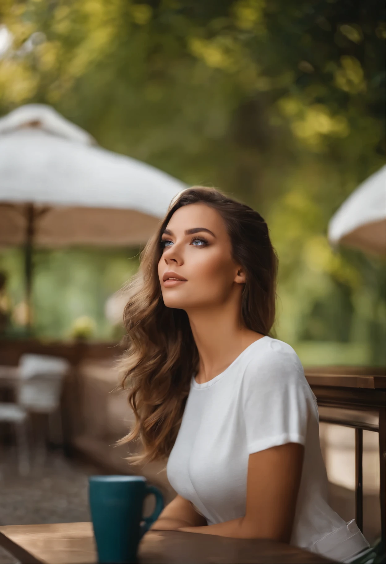 Femme Arafed en T-shirt blanc et collier, Repas au restaurant, fille sexy aux yeux verts completement nue,, Portrait de Sophie Mudd, cheveux bruns et grands yeux, selfie d'une jeune femme, Yeux de chambre, Violette Myers, pas de maquillage, maquillage naturel, regarder directement la caméra, Visage avec Artgram, maquillage fin, Superbe plan complet, yeux verts perçants, Bel angle, Pose attrayante, douce fille, pose sexy, Image pleine longueur, complet - corps, Prise de vue du corps entier, déesse brune, détail élevé, Posture satisfaite, dans une jupe grise et des bottes, jupe upskipe, bottes de genou